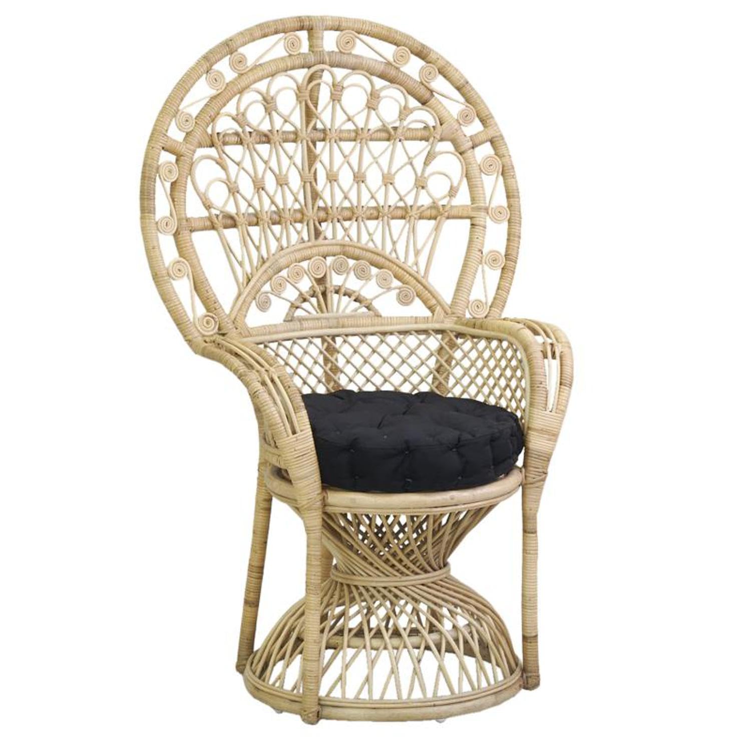 AUBRY GASPARD - Fauteuil Emmanuelle en Rotin Naturel avec Coussin Noir Garni Kapok - Tissu 100% Coton - Dimensions 77X56X117 cm - Hauteur D'Assise 40 cm - Noir - 77X56X117 cm