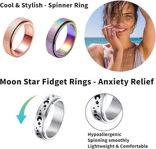 Miniatura 9 de MUCAL - Anillos giratorios para aliviar la ansiedad y el estrés, de acero inoxidable, geniales, con luna y estrella, para hombres o mujeres, 8