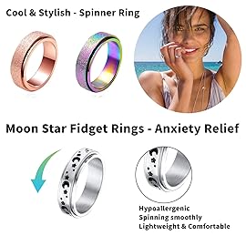 MUCAL Fidget Rings for Anxiety 8pcs Stainless Steel Spinner Ring Anti Anxiety Ring Spinning Moon Star Cool Stress Relieveing Rings for Women Men