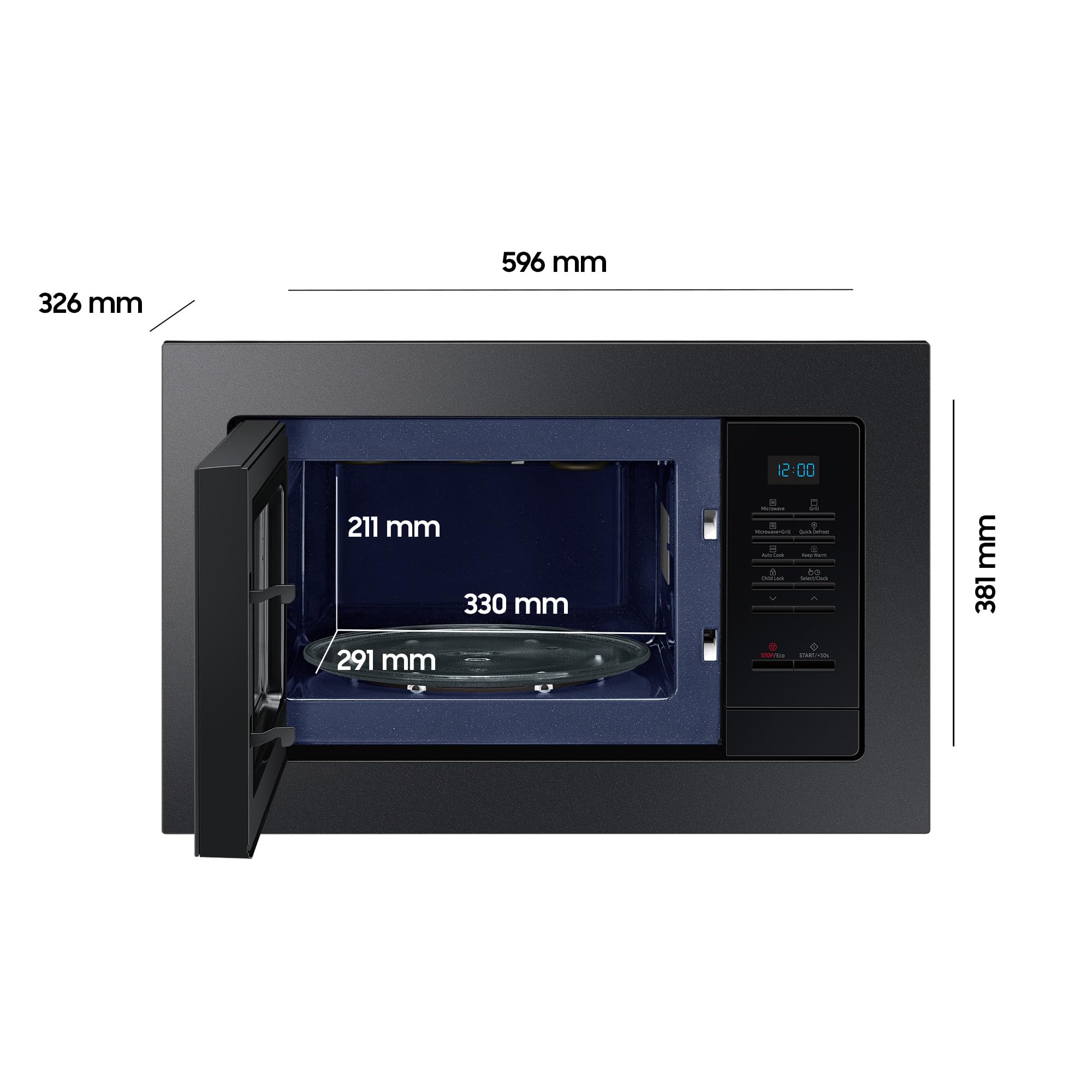 Samsung MG20A7013CB/EG Einbau-Mikrowelle mit Grill, 850 W, 20 l Garraum, Kleines Mikrowellengerät für 28 cm Nischen, Mit Einbaurahmen, Crusty Plate, Kratzfester Emaille-Innenraum, Schwarz