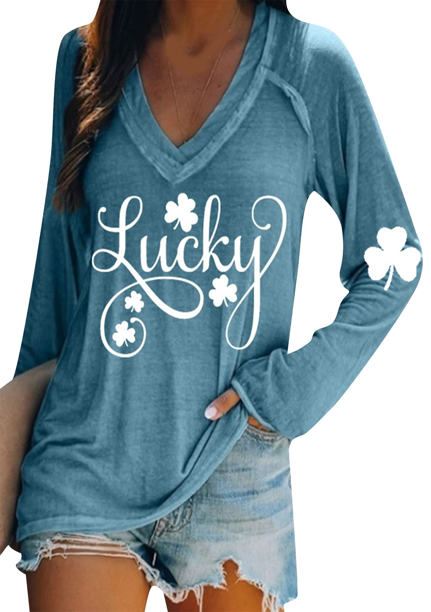 BOFETA Women St Patricks Day Sweatshirts Loose Long Sleeve Shirts Green Shamrock Print Blouse Flowy Color Block Pullover Tops