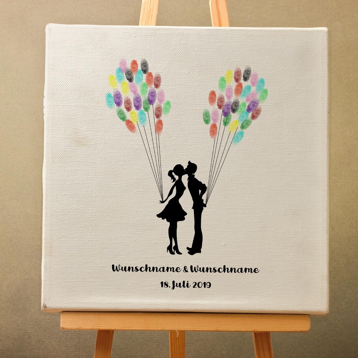 Madyes Tela Matrimonio impronte digitali Libro degli ospiti personalizzato Albero Bacio per la coppia di sposi come regalo, decorazione matrimonio, nome con data. 50 x 50 cm grande su telaio in legno