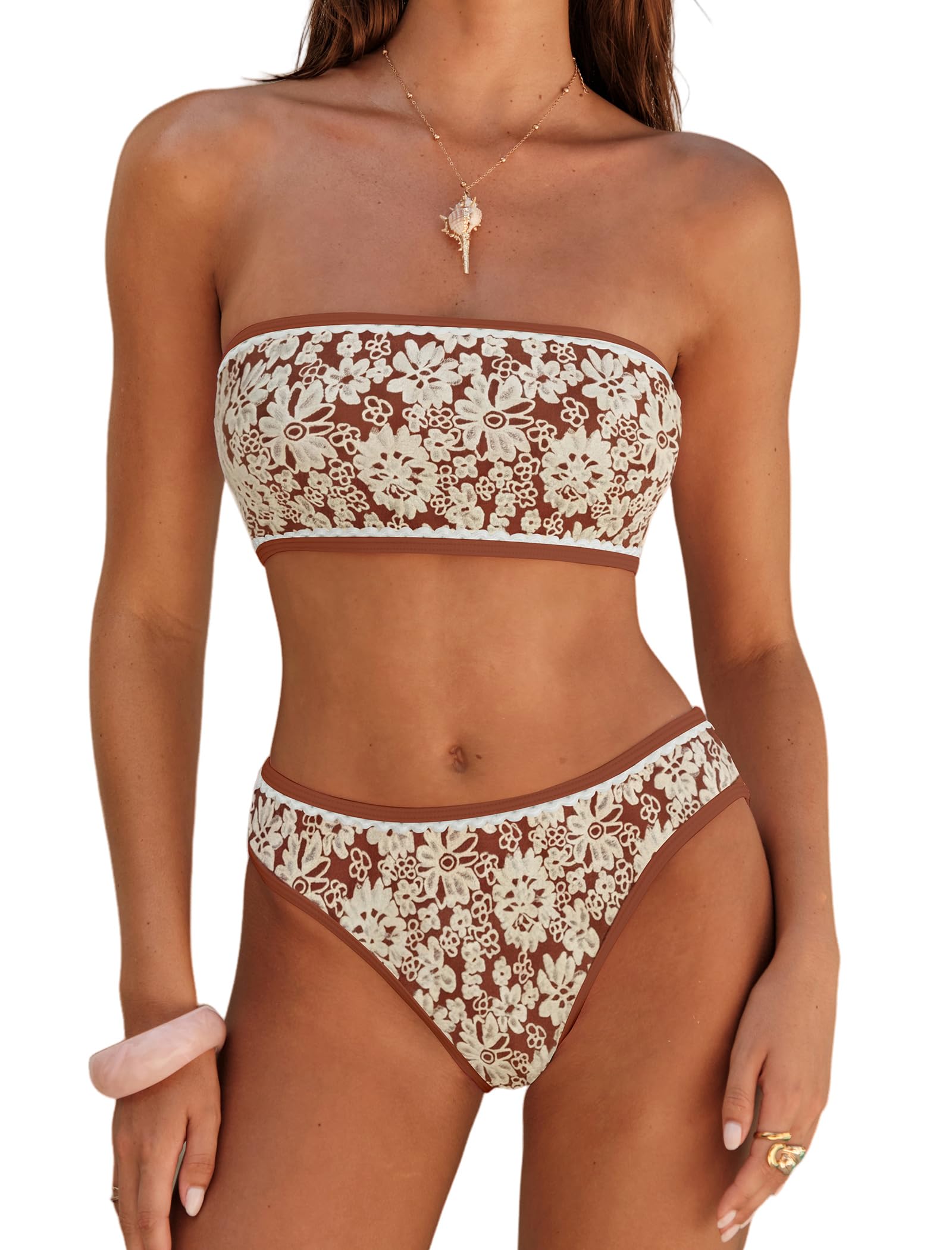 zaful Bikini Set for Women Strapless Textured Bandeau Bikini Two Piece Swimsuit Lace up Bathing Suits-picture-17