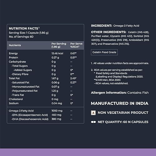 Miniatura 4 de Aceite de pescado Omega 3 (fuerza triple) - 460 mg de EPA y 380 mg de DHA para un cerebro, corazón, ojos y articulaciones saludables - 1000 mg, 60