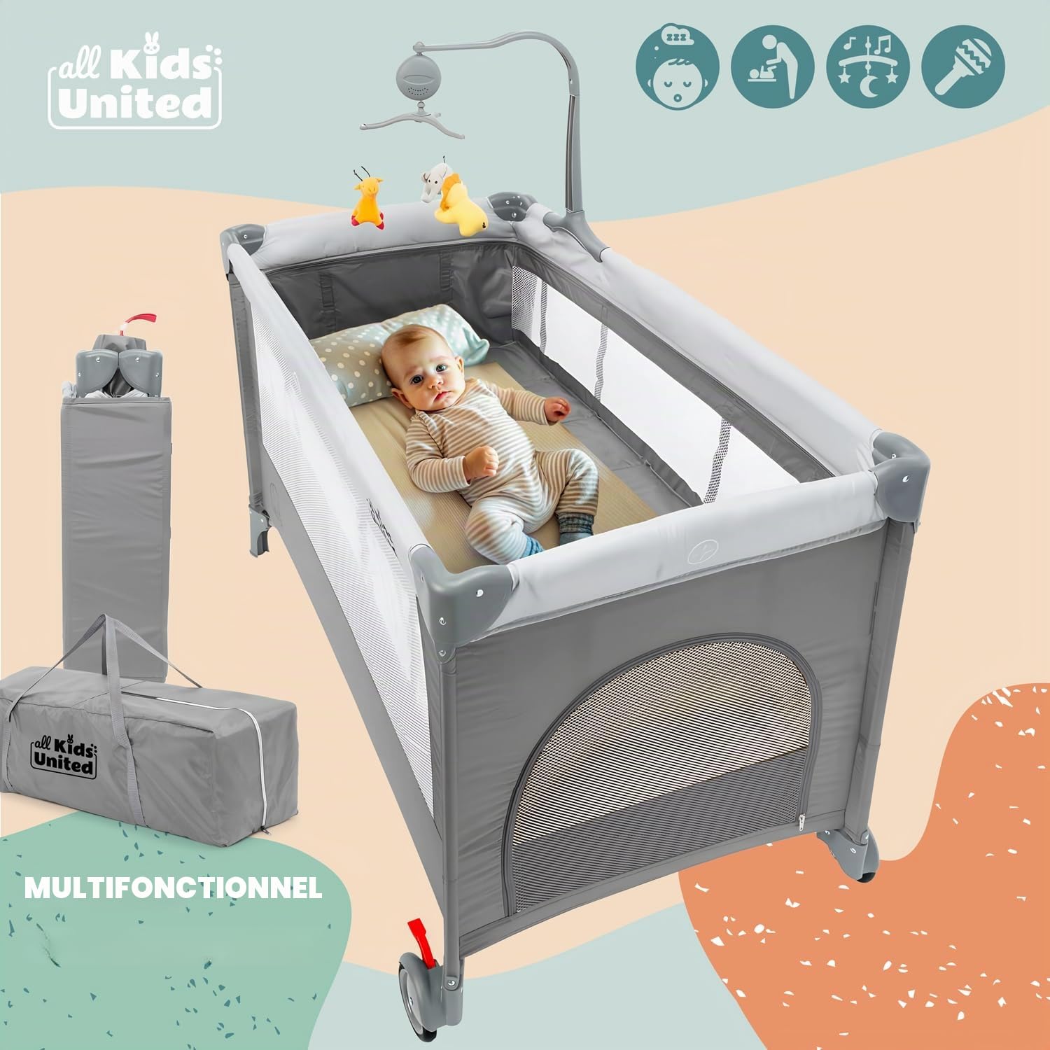 Lit de Voyage pour Bébé Deluxe all Kids United avec Matelas à Langer et Mobile Gris