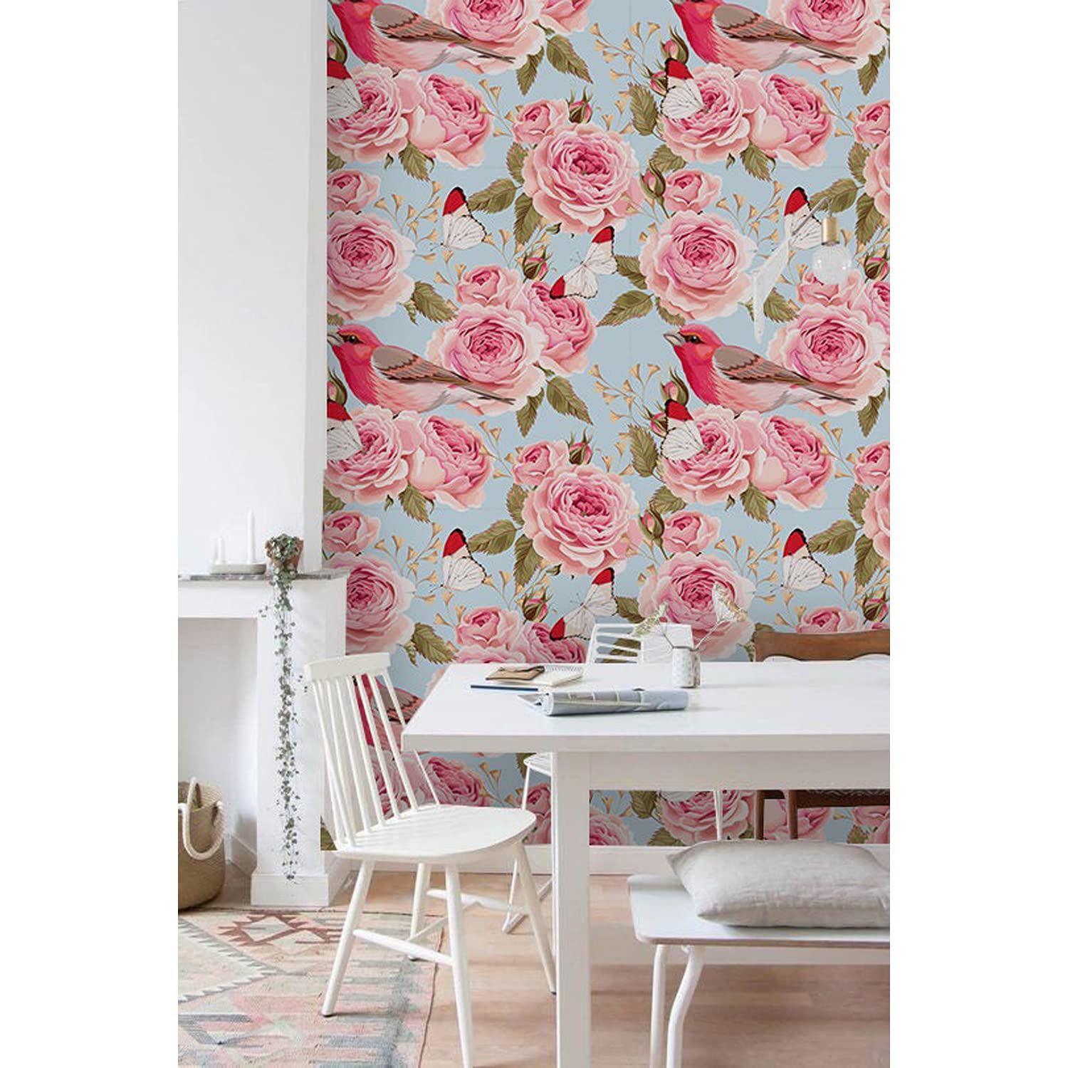 Papier peint roses oiseaux 312x219cm tapisserie murale latex chambre salon