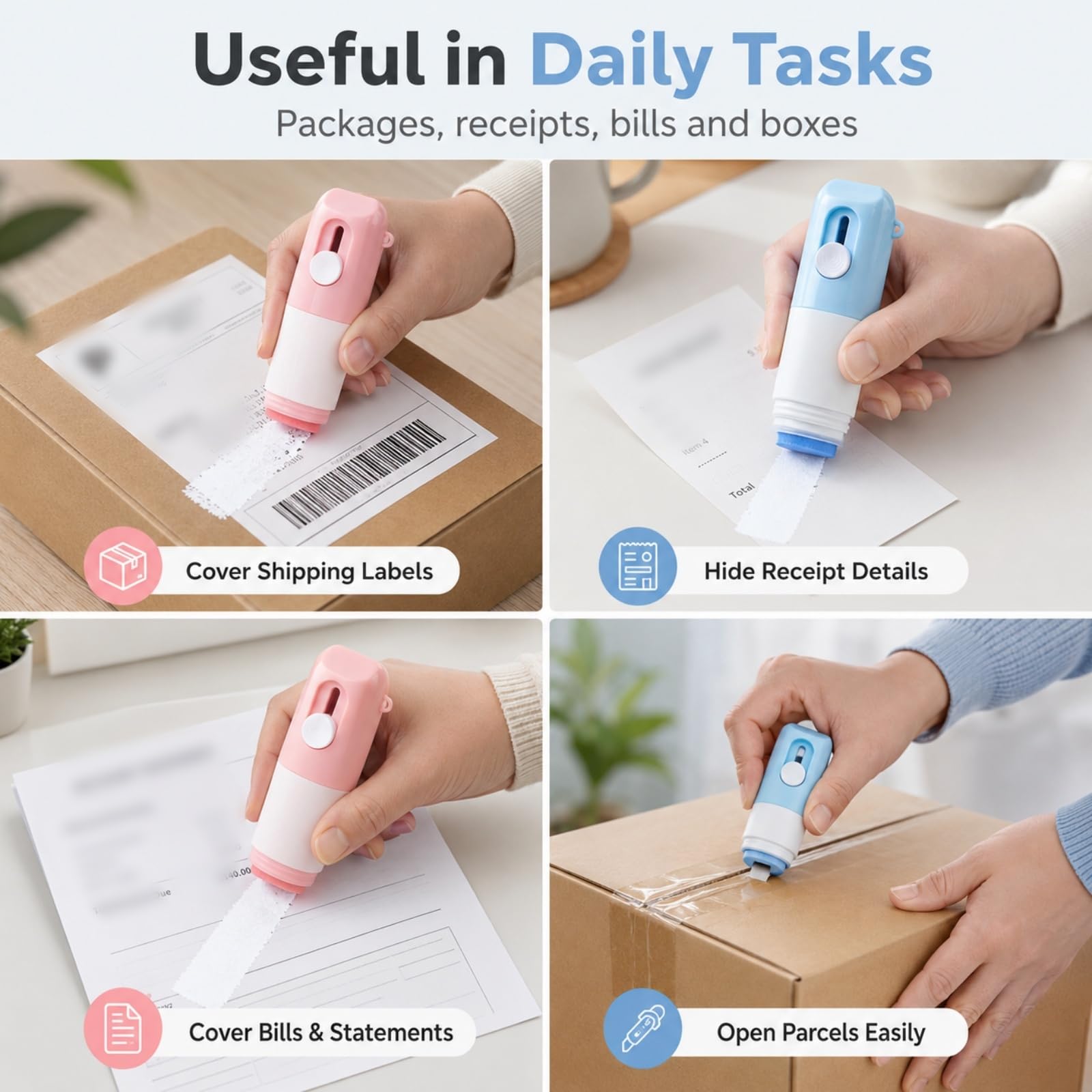 2-In-1 Box Cutter & Thermal Paper Eraser, Water-Based Thermal Paper Eraser Pen, 2 In 1 Privacy Wipe Box Cutter for Parcel Labels, Privacy Protection (Blue)