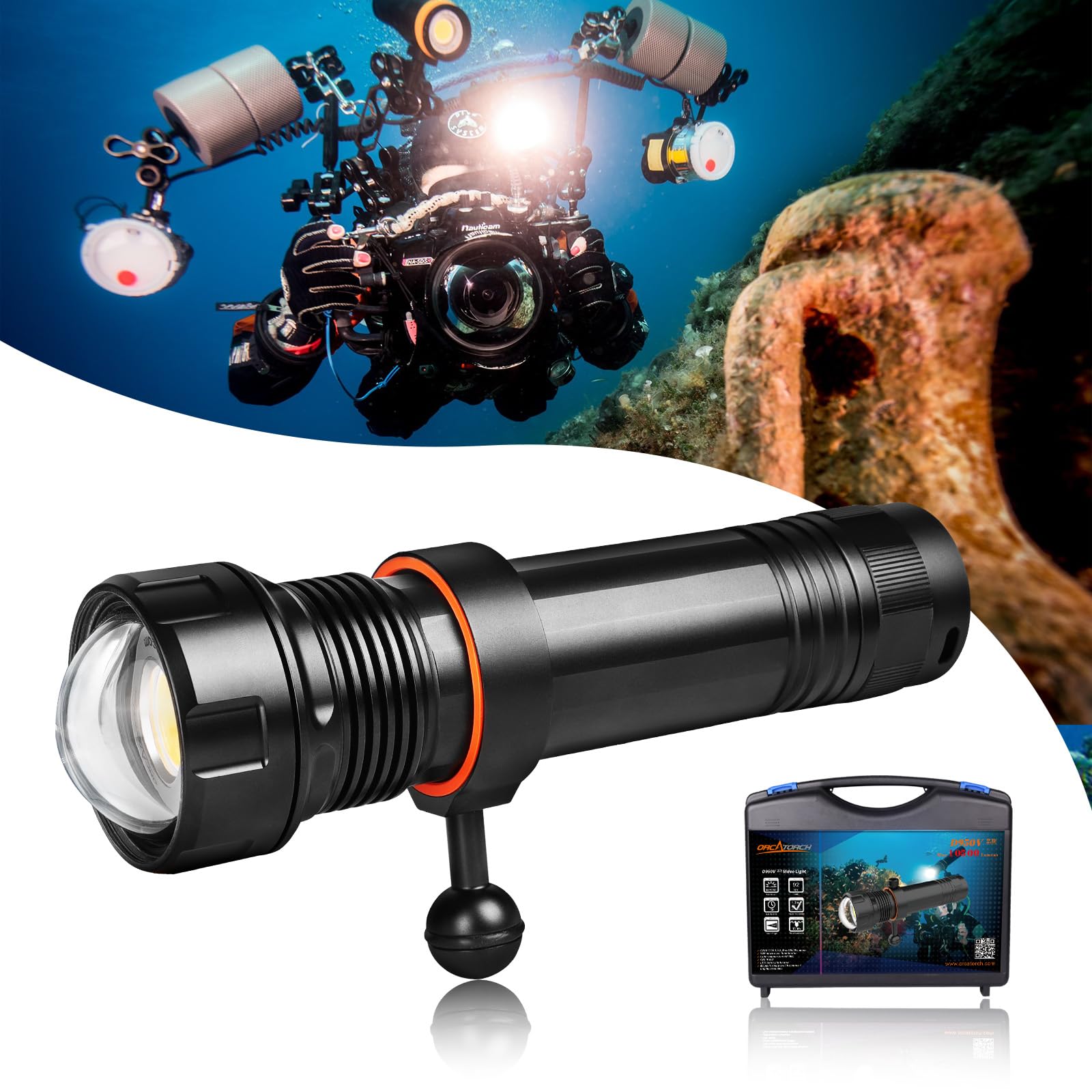 ORCATORCH D950V 2.0 Scuba Diving Video Light, Max 10500 Lumen LED Underwater Flashlight with 120 Degree Wide Angle Beam, Underwater 150 Meters Diving Photography Light with Spherical Toughened Glass