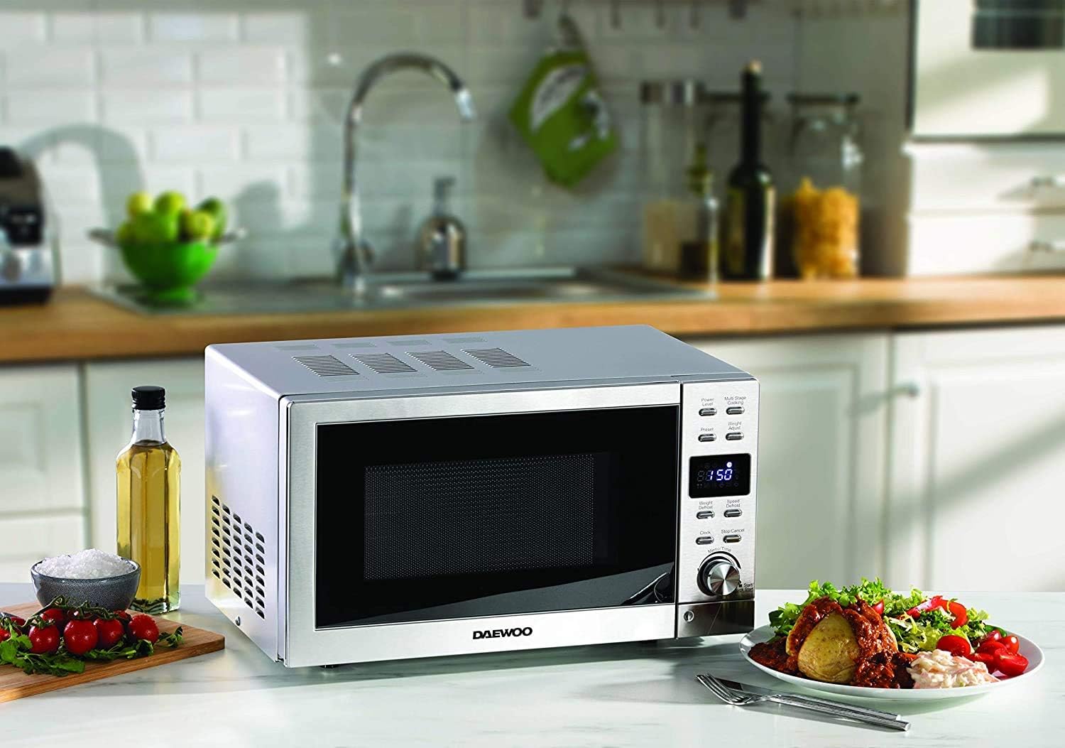 Daewoo Microwave Oven placed on a kitchen countertop