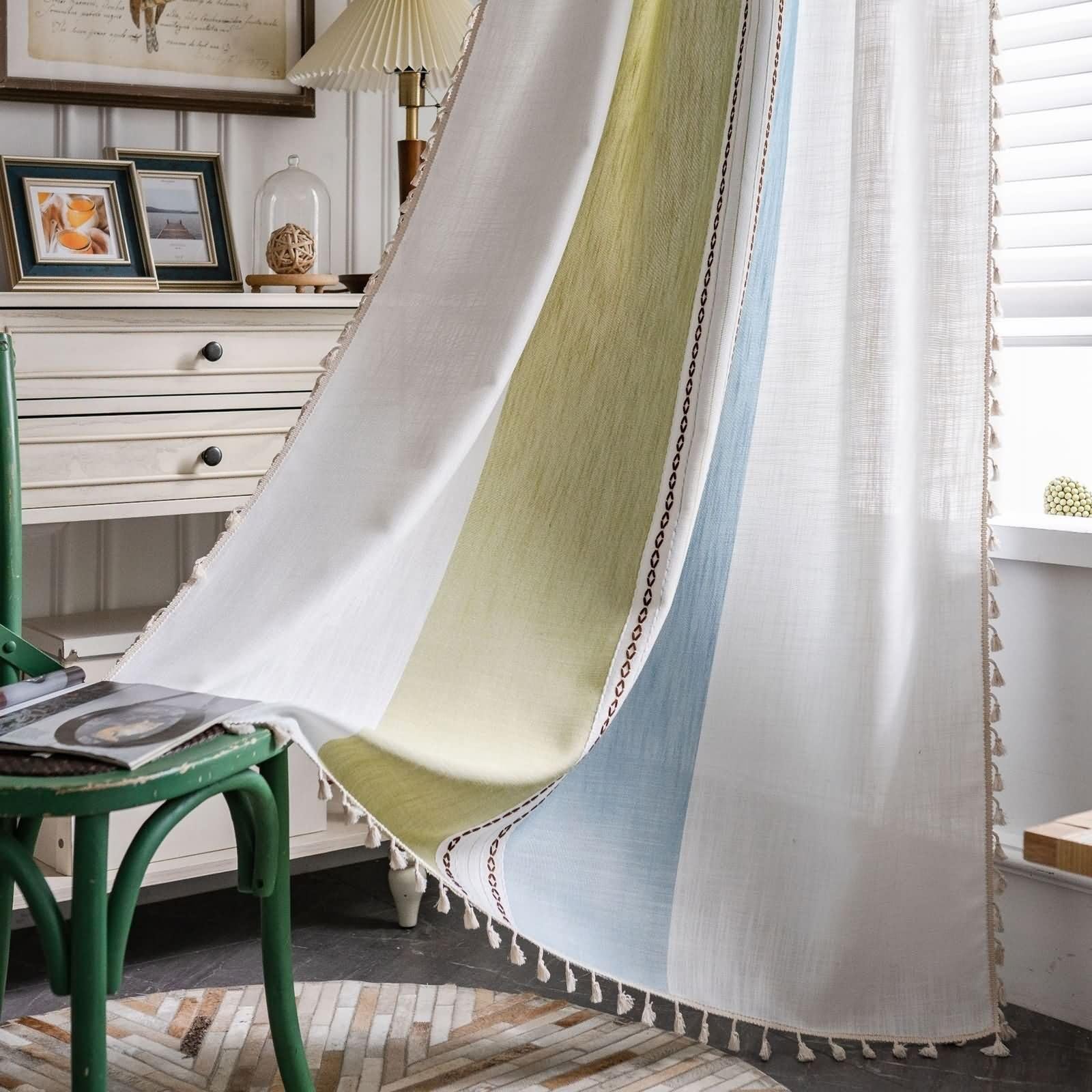 Rideaux opaques chambre coton lot de 2 à franges 132x260cm rayures tricolores