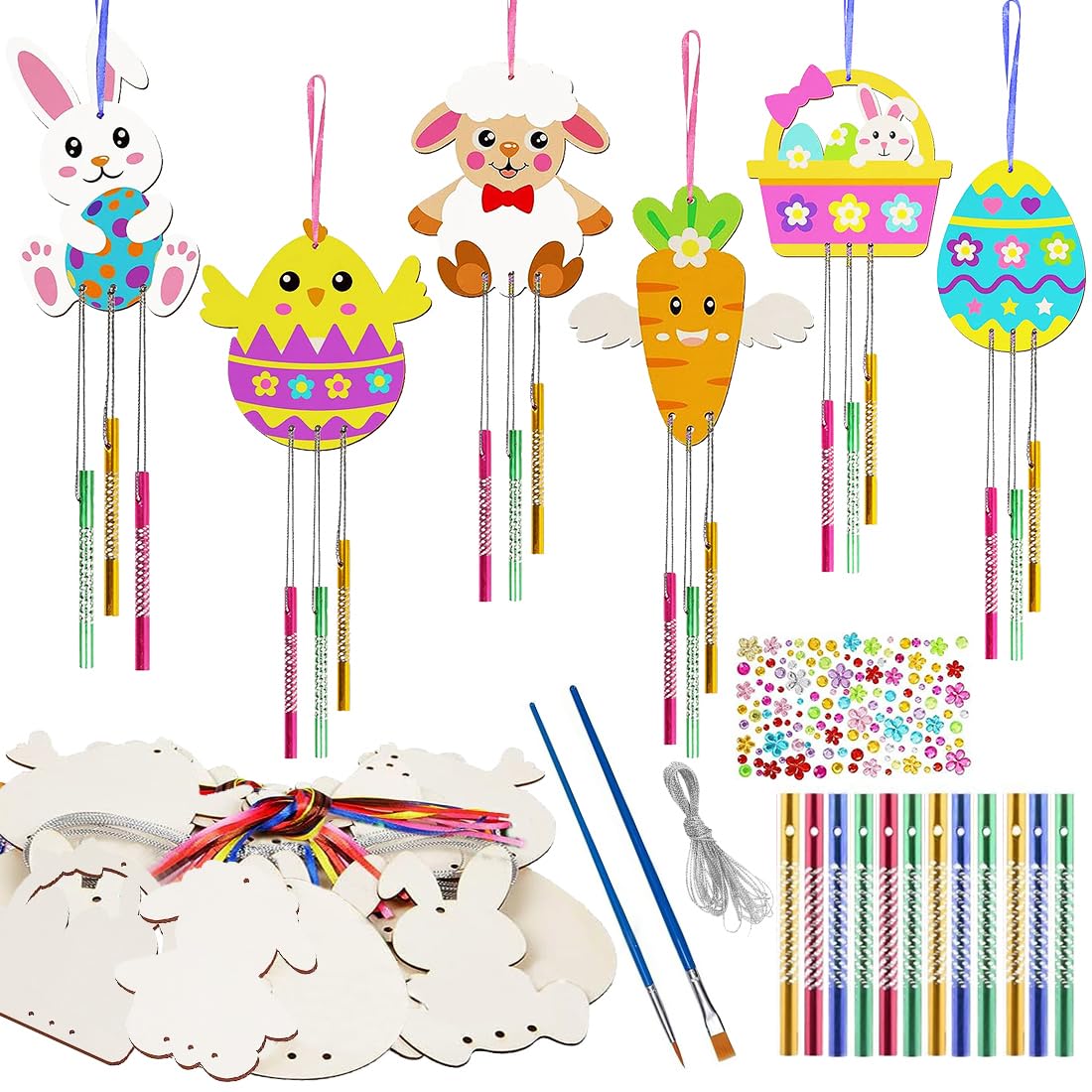 Aurasky Easter Wind Chimes 12 Pieces Wooden Crafts for Children Rabbit Chick Carrot Egg Painting Easter Decorations Hanging Crafts