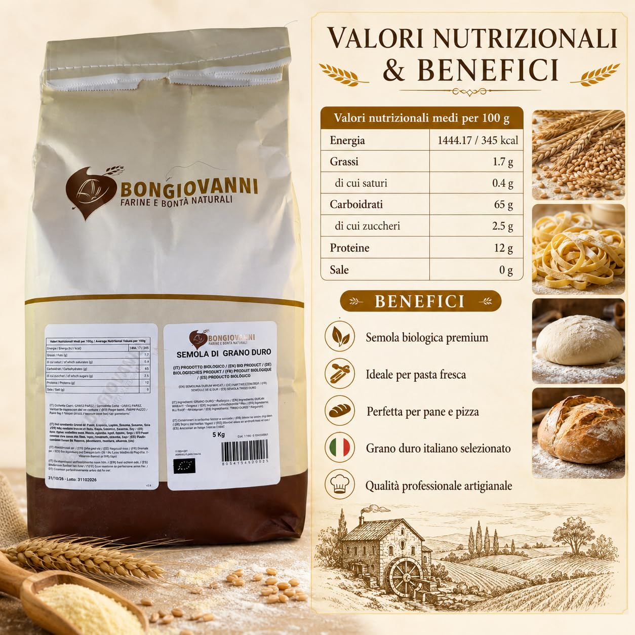BONGIOVANNI FARINE E BONTA' NATURALI Semola di Grano Duro 5Kg BIO