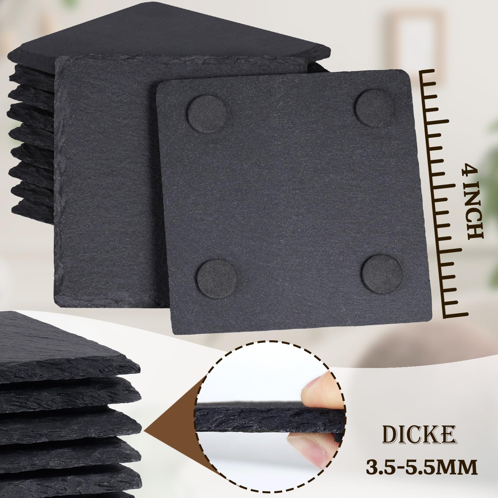60 Stück Schiefer-Getränkeuntersetzer, GOH DODD 4 Zoll Schwarze Steinuntersetzer Set, Lasergravierte Blanko-Untersetzer mit Anti-Kratz-Boden für Zuhause, Büro, Küche, Wohnung, Bar, Quadrat