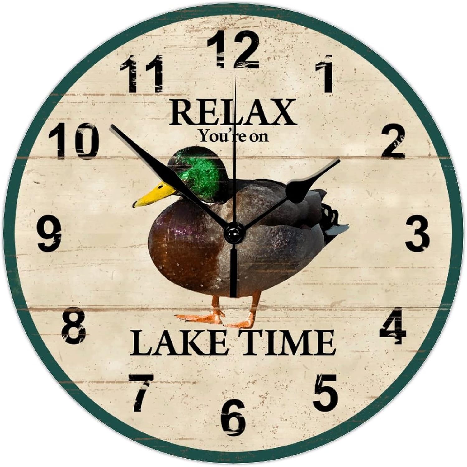 Round Wood Wall Clock Relax You're on Lake Time with Duck Silent Easy to Read Wall Clock Retro Style Wood Clock Decorative for Office Bedroom Bathroom Classic Wall Hanging 15 Inch