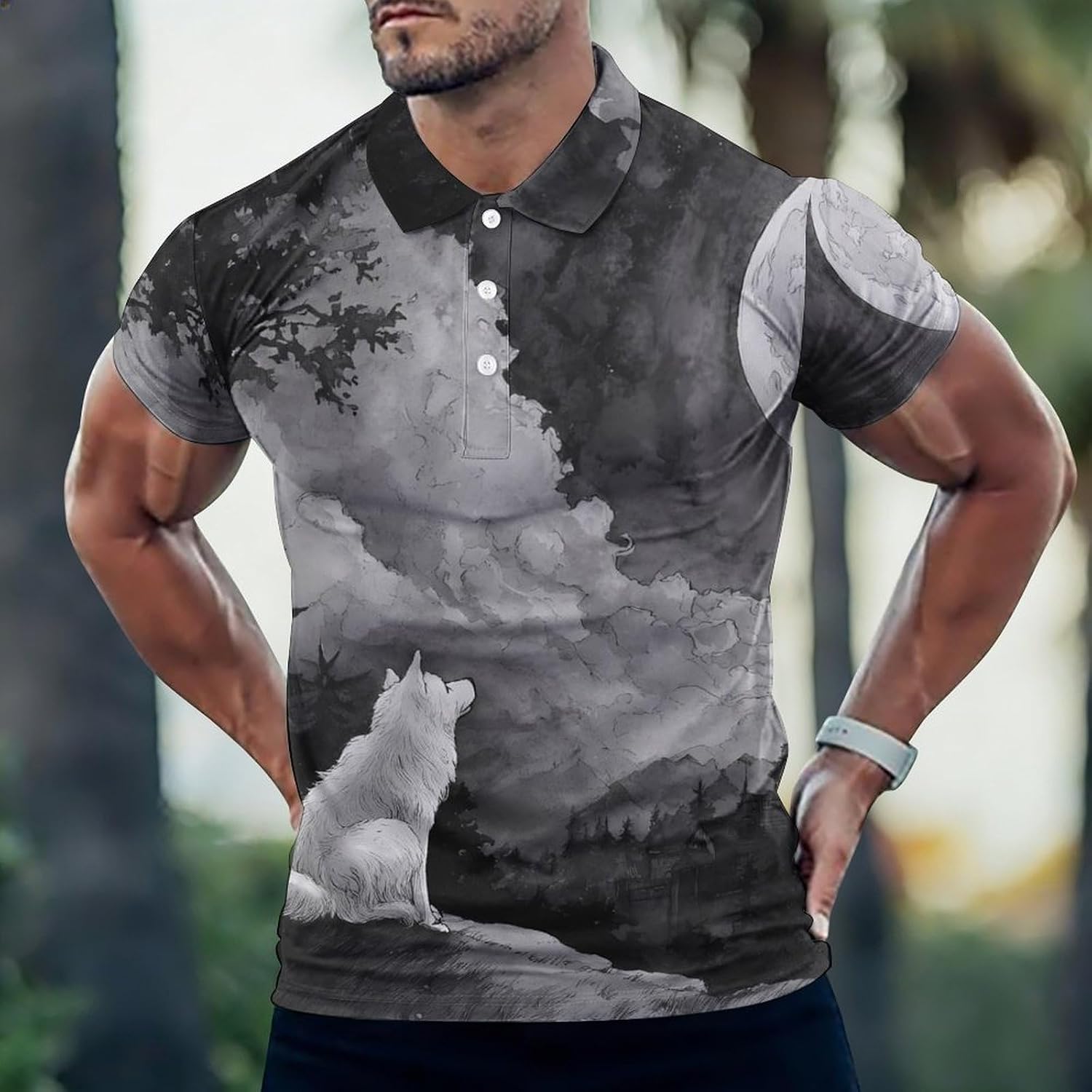 Wolf Ancient Castle Full Moon Golf Polo Shirts for Men Casual T Shirts 5X-Large