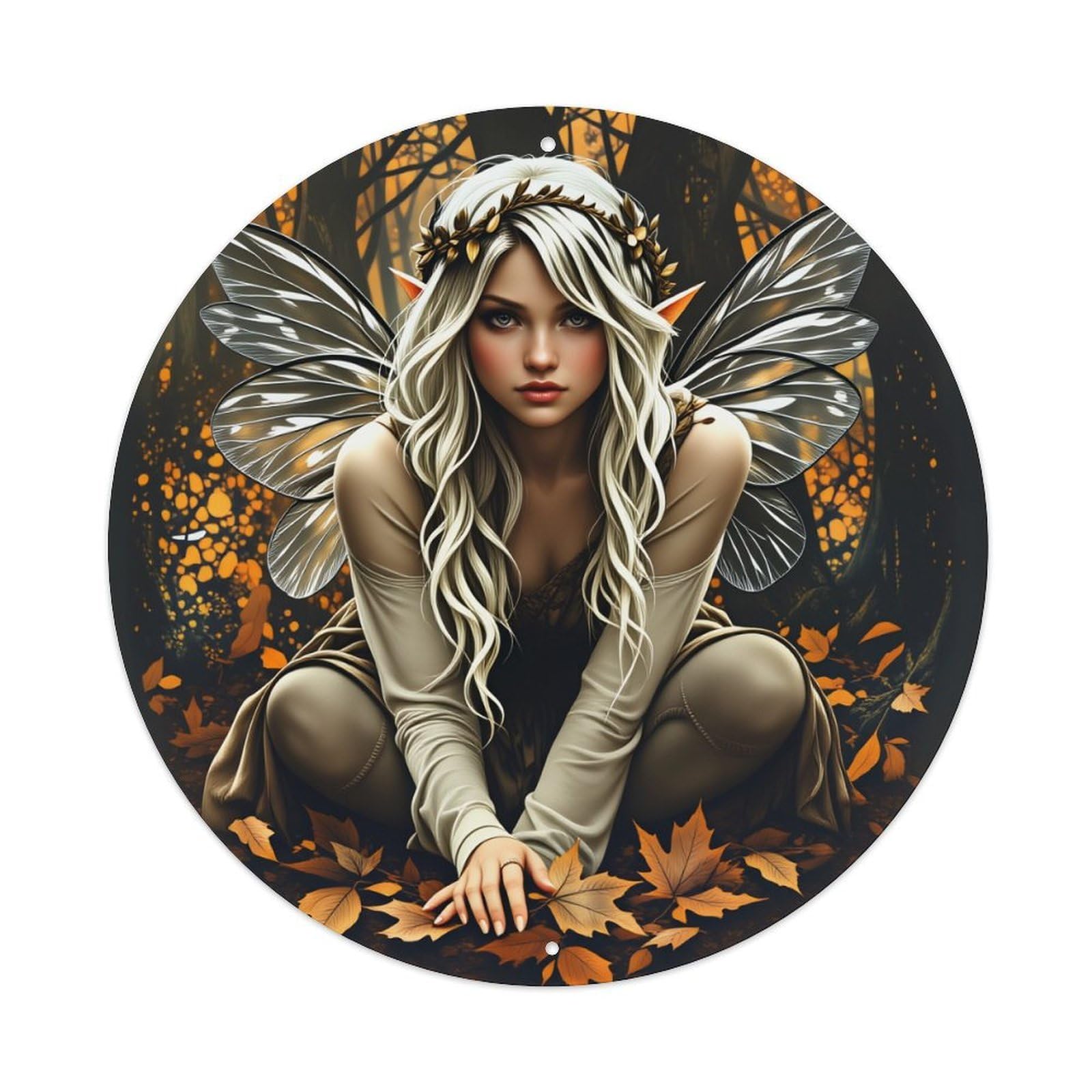 Autumn Leaves Fairy Wings Crown Metal Tin Sign Vintage Garden Bedroom Cafe Bar Man Cave Home Wall Decor Metal Poster 8x8 inches