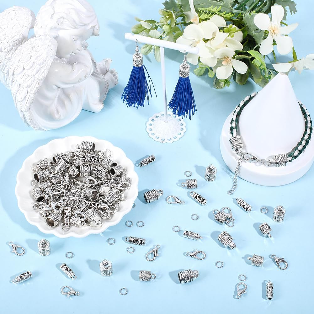 SUNNYCLUE 1 Box 210Pcs Cord End Caps Kumihimo End Caps Tibetan Antique Silver Leather Cord Clasp Lobster Claw Clasps Open Jump Rings for Jewelry Making Accessories DIY Bracelets Necklace Earrings - Image 4