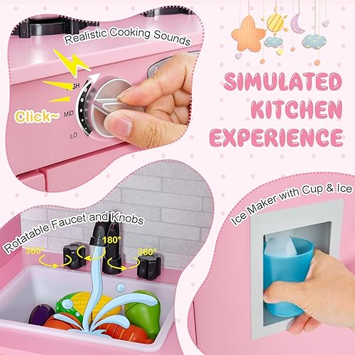 Miniatura 3 de KOTEK Juego de cocina para niños, juego de cocina de juguete de chef de madera con horno, pizarra, teléfono, máquina de hielo, microondas,