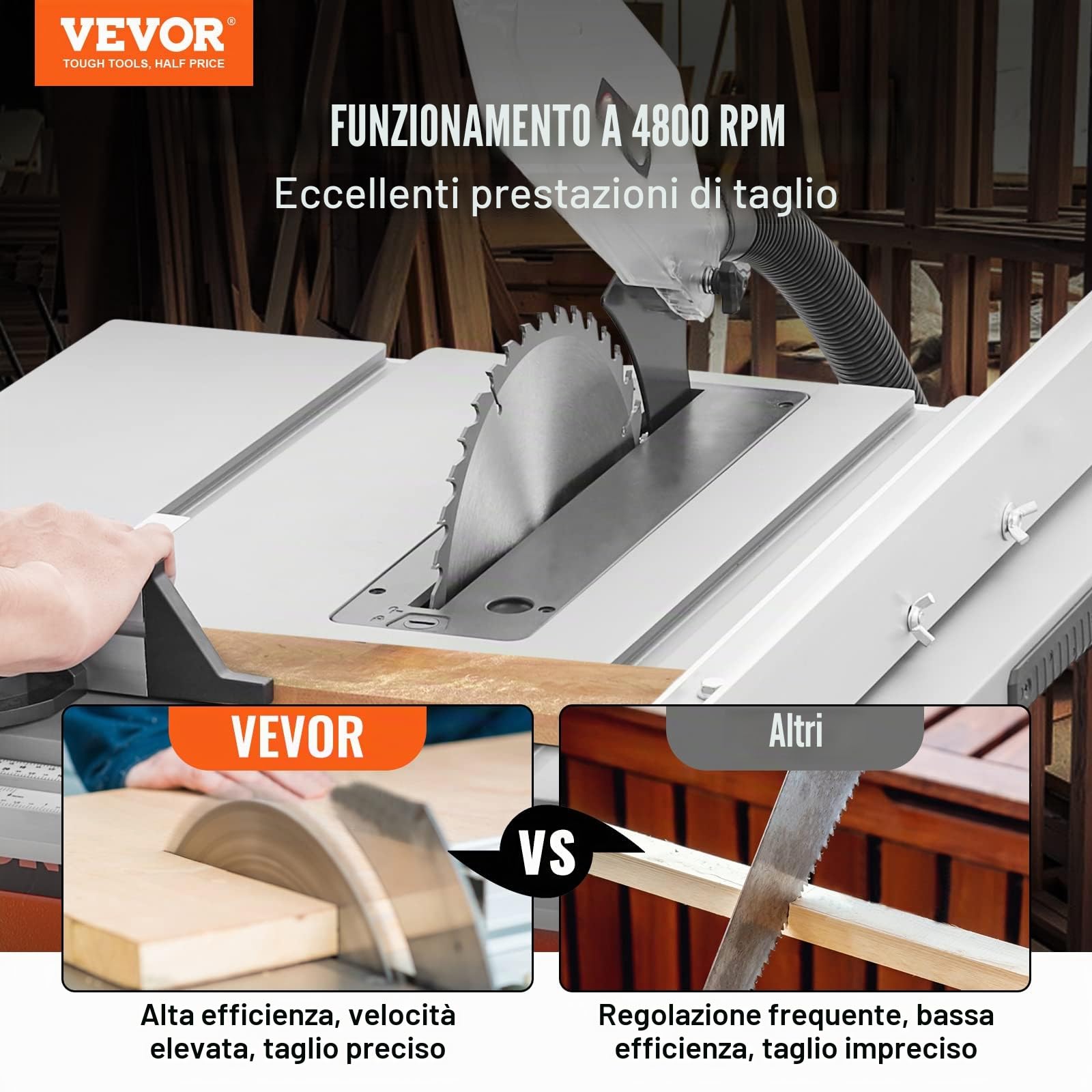 VEVOR Sega circolare da tavolo 4800 giri/min, sega da tavolo 1800 W, 85 mm a 90° sezione 55 mm con taglio obliquo a 45°, battuta angolare -60˚, ideale per il taglio di legno e progetti di lavorazione