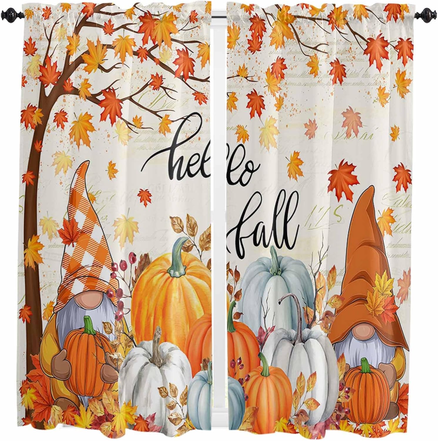 Orange Pumpkin Gnomes Fall Kitchen Curtains, Branches Leaves Thanksgiving Botanical Light Filter Window Curtain, 2Pcs Rod Pocket Window Treatments Set for Study Room Bathroom Bedroom 52x54 Inches
