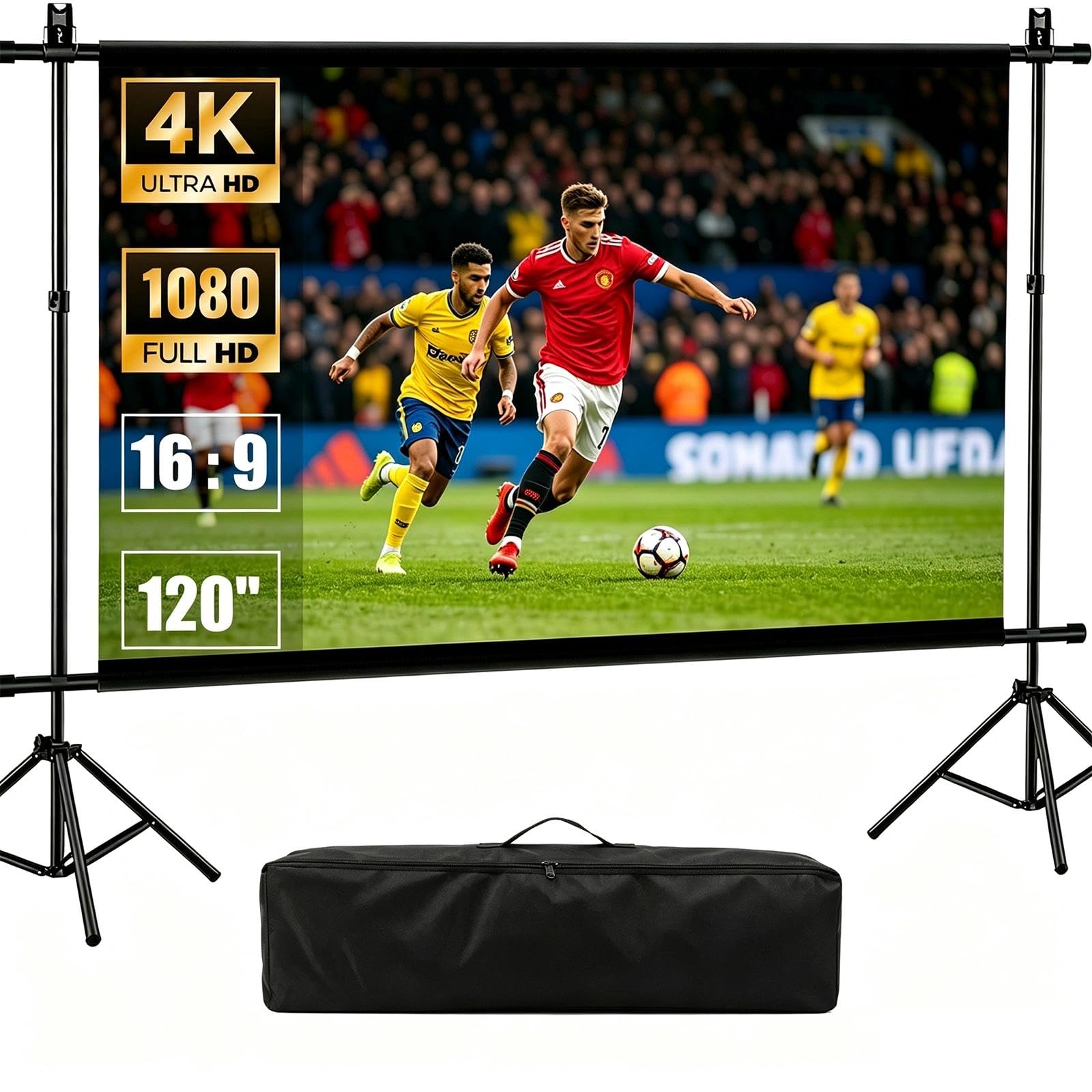 Schermo per proiettore con supporto, 266 x 148 cm, 16:9, 4K HD, pieghevole, lavabile, portatile, 2 in 1, montaggio a parete e autoportante, per home theater, cortile, campeggio