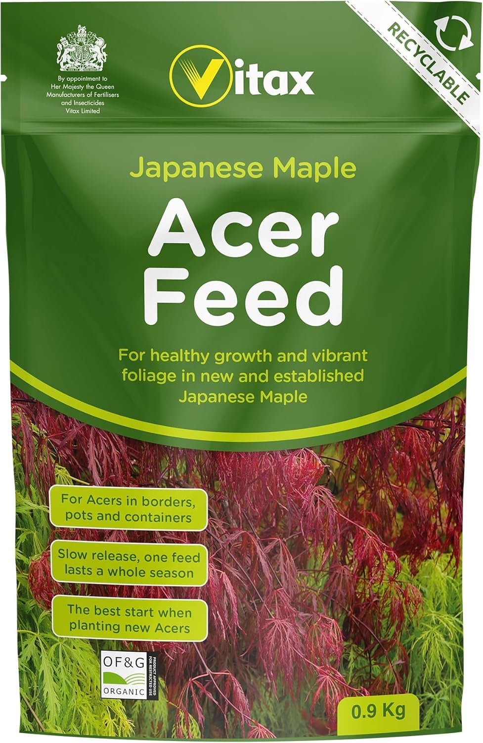 Vitax Acer Feed 0.9kg | Organic Fertilizer for Japanese Maples | Enriched with Magnesium & Trace Elements for Vibrant Foliage | Slow-Release Seasonal Nutrients | 900g Resealable Pouch