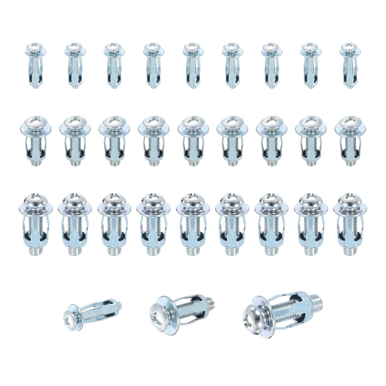 sourcing map 30 Set M4 M6 M8 Jack Nuts, Carbon Steel Zinc Finish Expansion Screw Petal Nut, Multi-Grip Insert Rivet Nut Fasteners for Hollow Wall Iron Skin Line Use in Thin Soft Wall, Silver