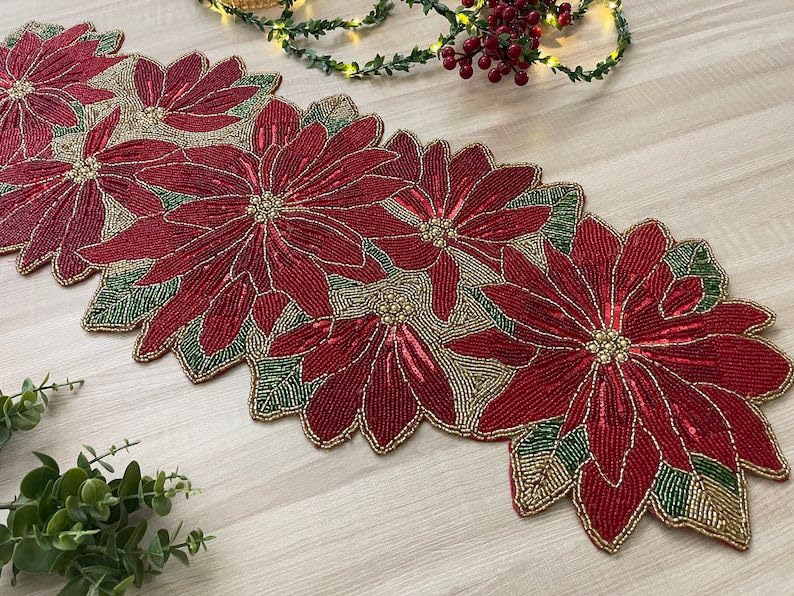 Image of MFU - Made For You Handmade Beaded Table Runner, Red Flower Design, 13 x 36 Inch | Decorative Rectangular Table Runner for Dining Table, Center Table & Home Decor