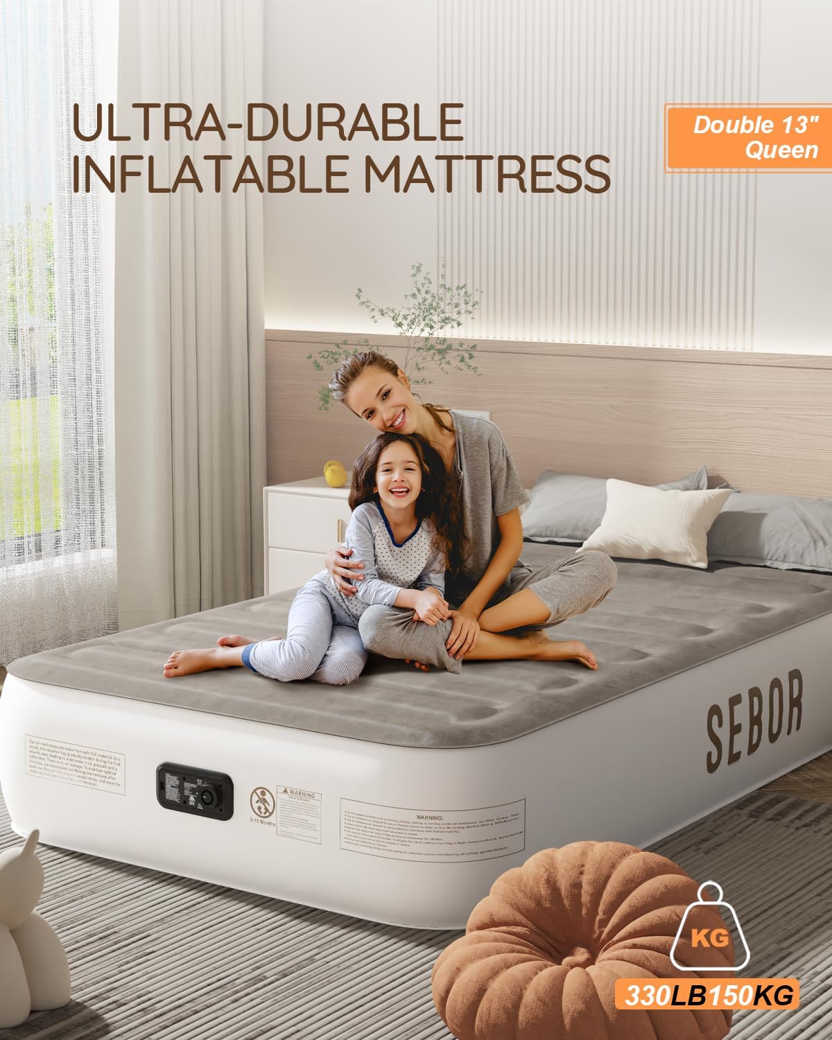 Sebor X-Long Twin Air Mattress with Built in Pump, Height 13" Durable Queen Airbed, Suit for Home & Guests,Travel Air Mattress Twin XL for Adults,Inflatable Travel Bed,330lb MAX