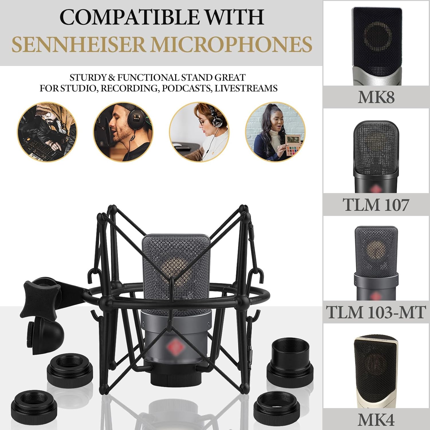 GEEKRIA for Creators Microphone Shock Mount Compatible with Sennheiser MK4, MK8, TLM103-MT, TLM107, Anti-Vibration Suspension Adapter Clamp Mic Holder Clip (Black/Metal)