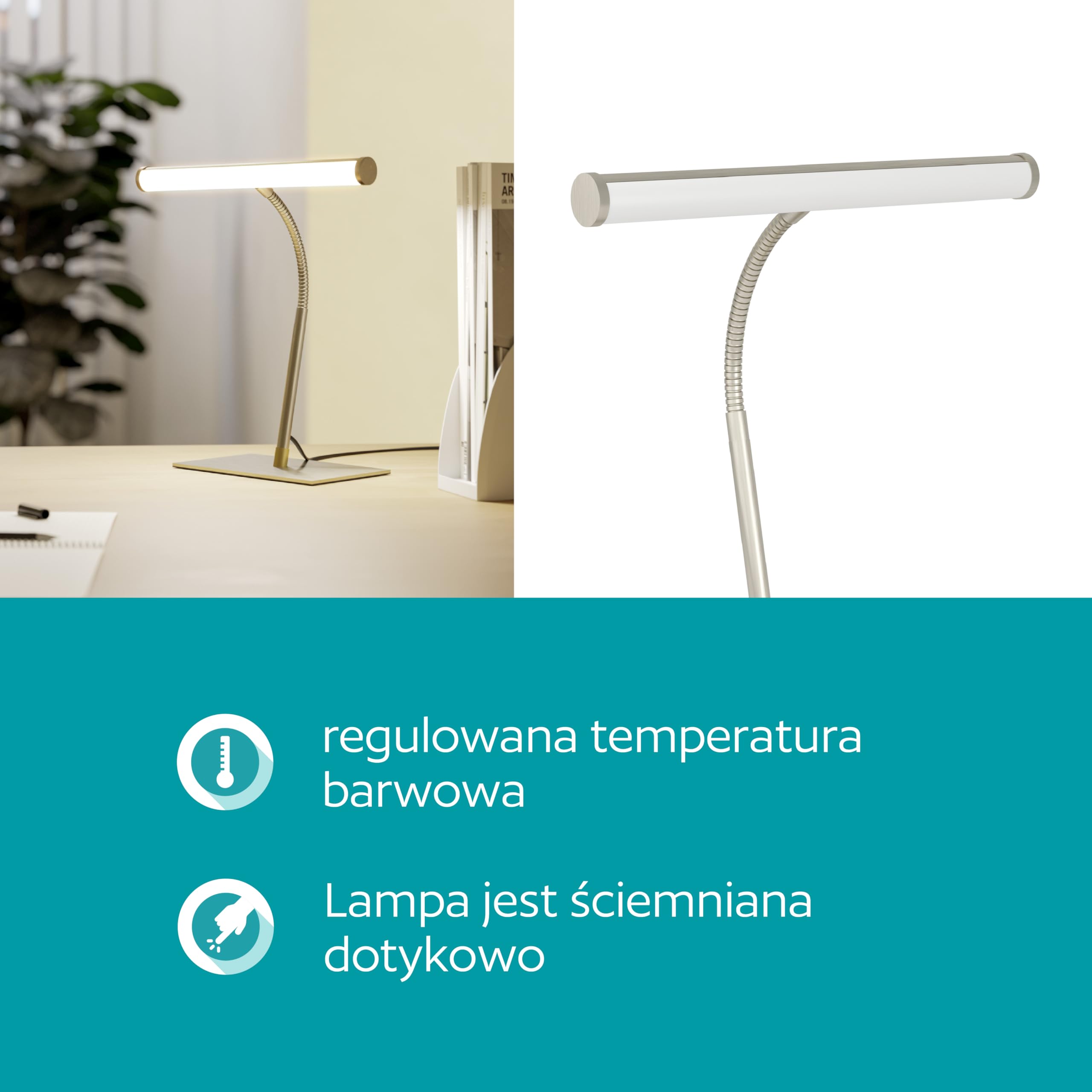 EGLO lampa stołowa LED Riccione | światło biurkowa z elastycznym ramieniem lampka dotykowa ściemniana nocna metalu w kolorze srebrnym ciepła biel-zimna