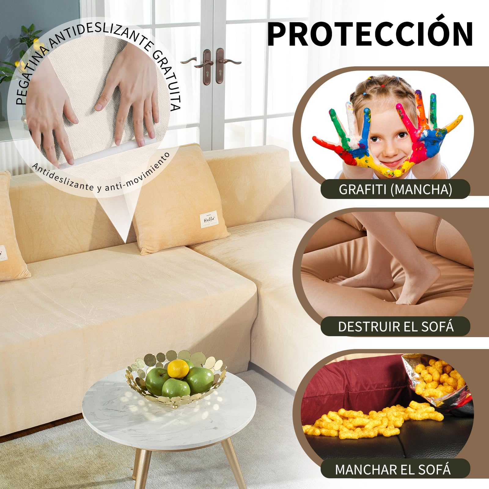 Funda Sofa Chaise Long, 2 Piezas, Antideslizante Elástico Funda de Sofá para Sala Protector para Perros Mascotas (1 Plaza, Beige)