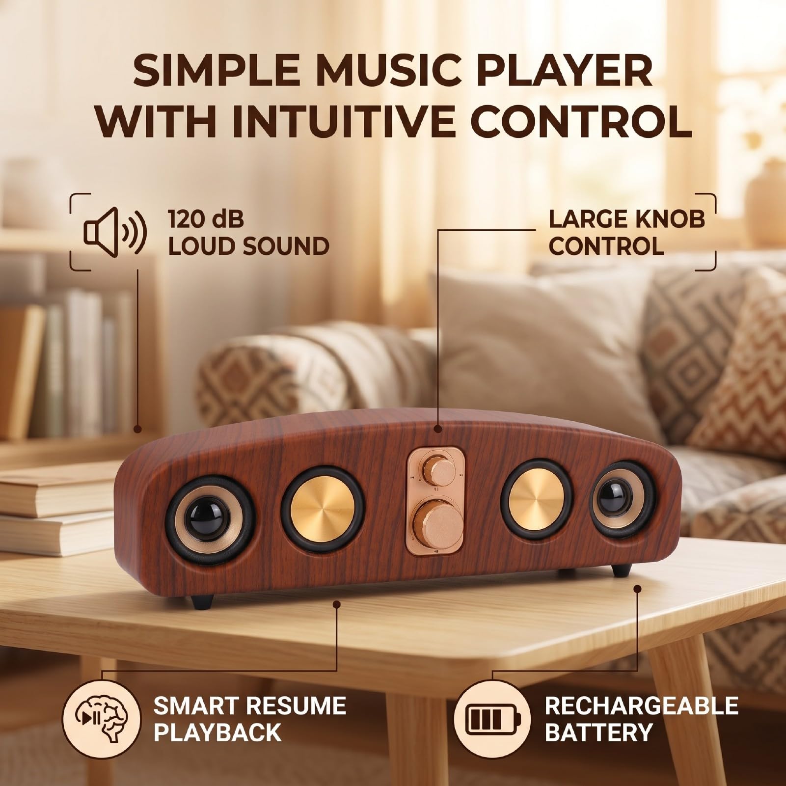 Asixxsix Altoparlante Bluetooth retrò, Finitura in Legno | Suono Forte da 120 DB, Riproduzione Intelligente, Batteria Ricaricabile da 2400 MAh, Supporto Scheda TF AUX USB Lettore MP3