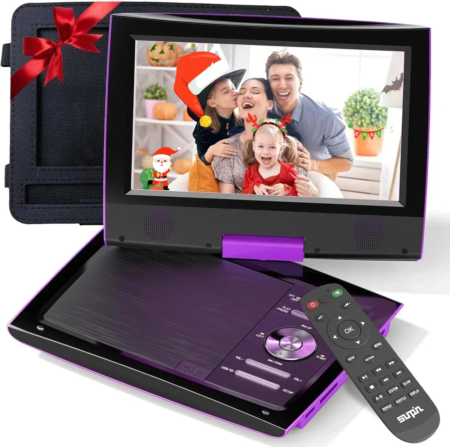 SUNPIN 11.5 inch Portable DVD Player in purple with remote and headrest mount case