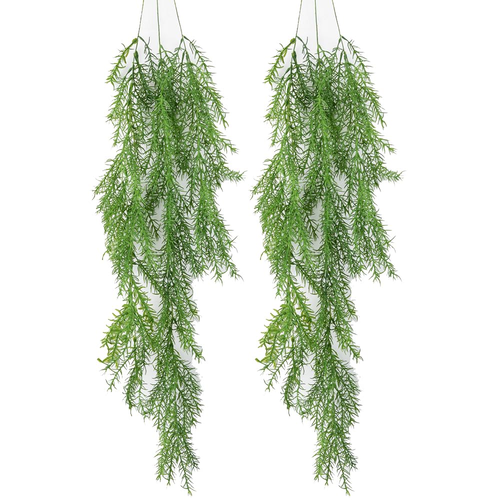 Shirfloral 2 Pcs Artificial Greenery Pine Needle Hanging Vines Fake Fern Plastic Plant for Home Office Indoor Outdoor Decoration