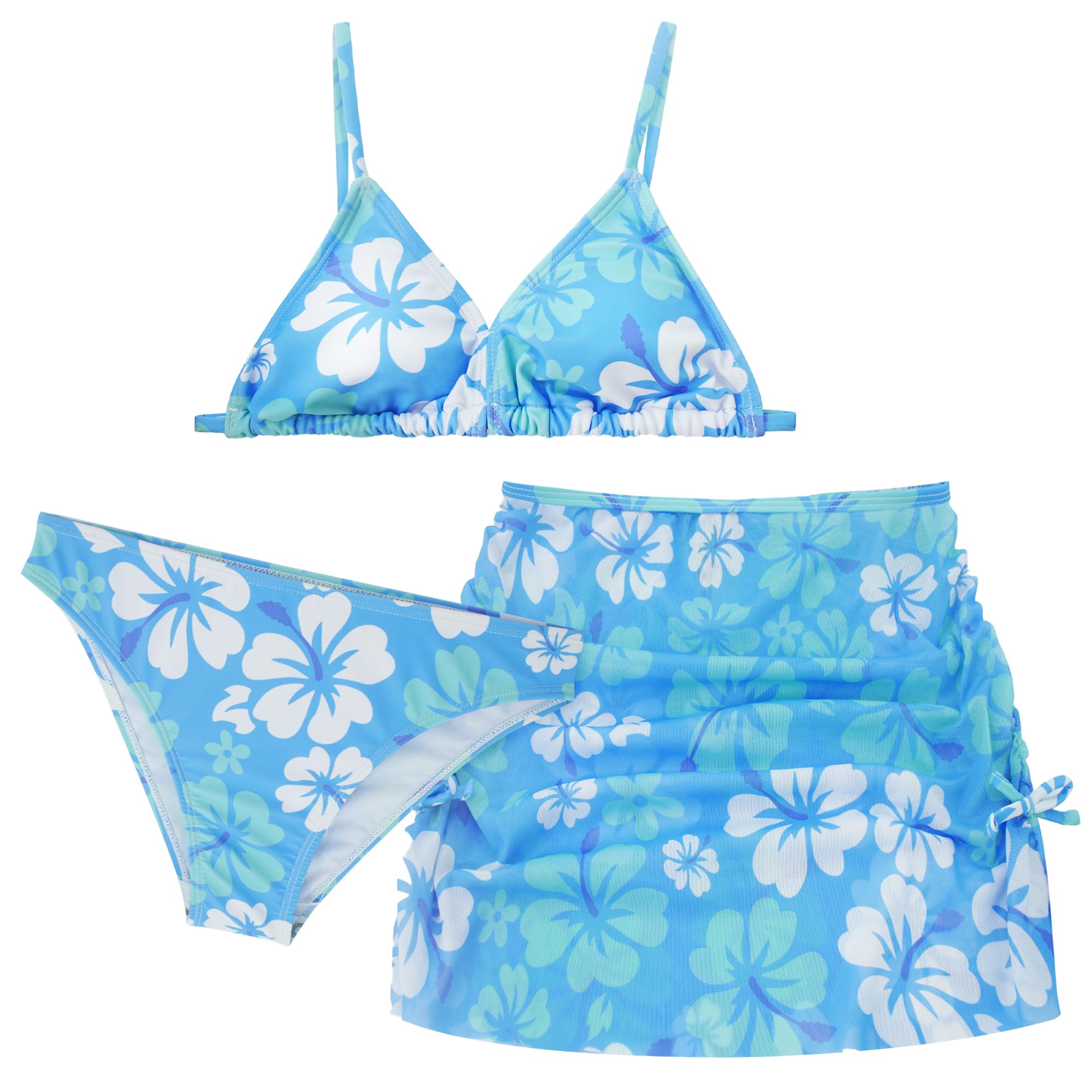 AIEOE Conjunto de 3 trajes de baño con falda para niñas de 8 a 14 años, bikini con estampado floral