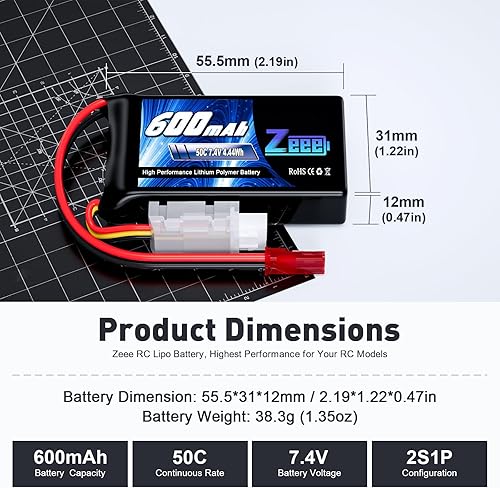 Miniatura 2 de Zeee 2S Lipo Batería 600mAh 7.4V 50C con conector JST para FPV Helicóptero Avión RC Barco Racing Drone Quadcopter RC Car RC Modelos (2 unidades)