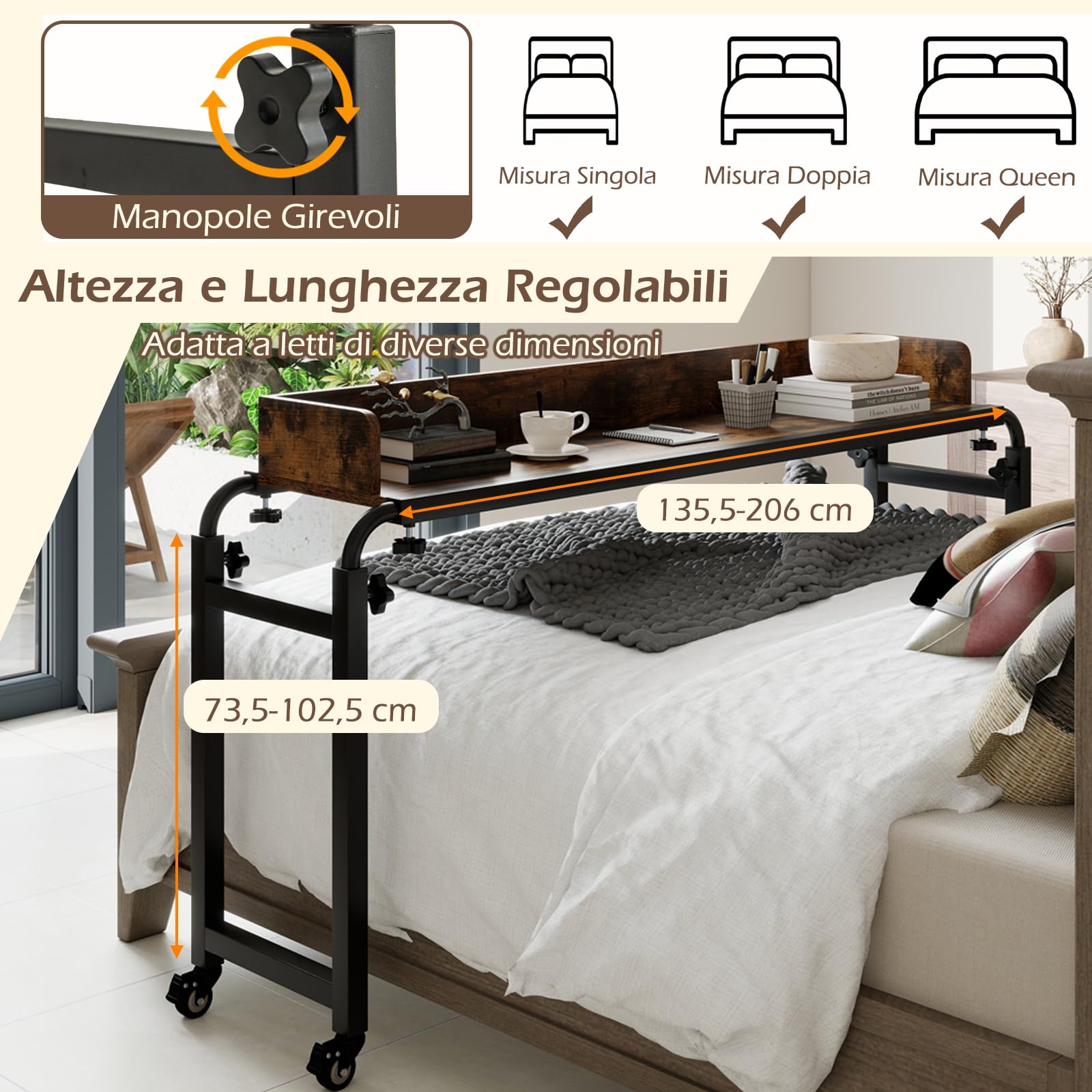 COSTWAY Scrivania da Letto con Ruote, Tavolino da Letto Salvaspazio con Altezza e Lunghezza Regolabili, Telaio in Metallo, Scrivania Portatile per Camera da Letto, Soggiorno e Ospedale (Marrone)