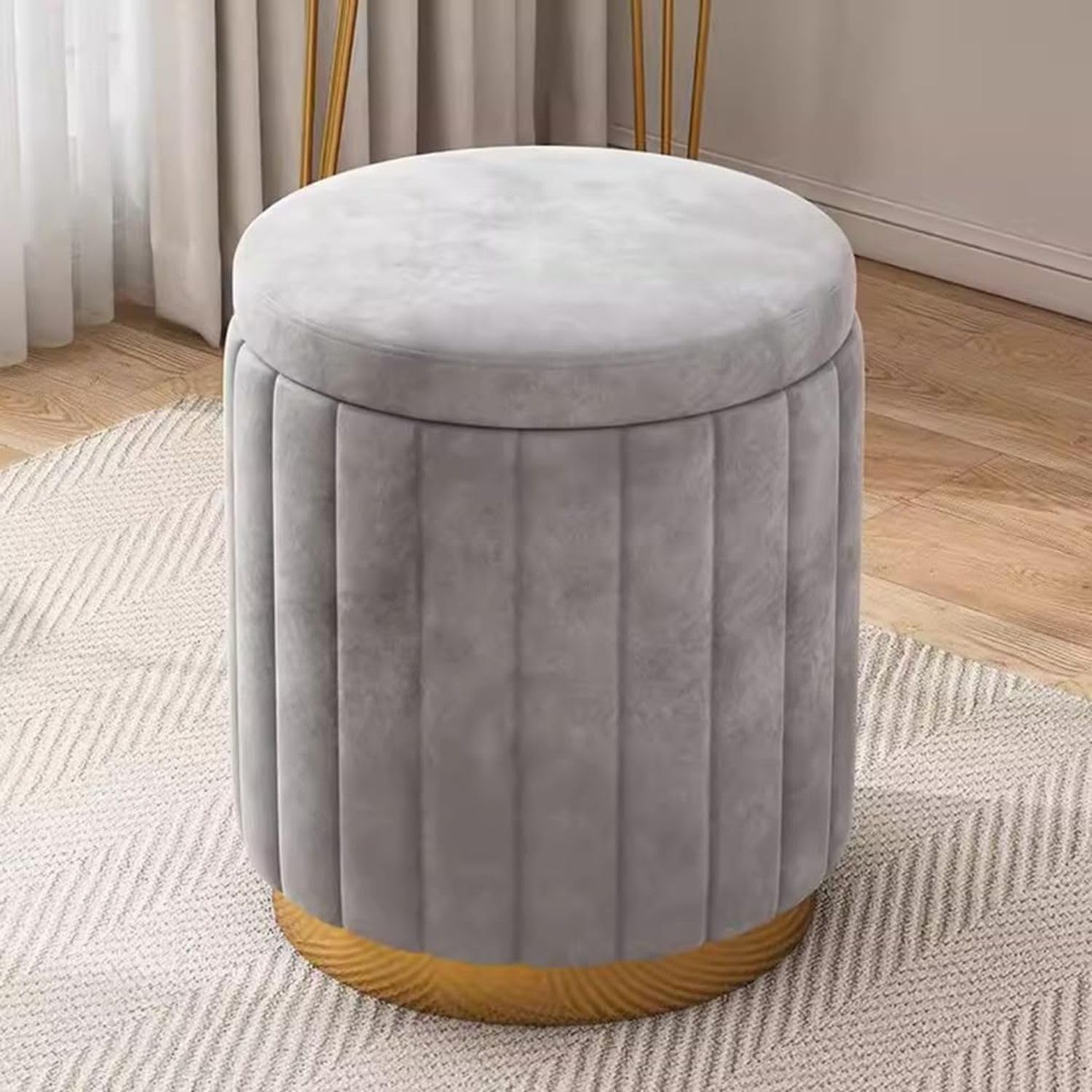 WellHouze Round Upholstered Velvet Ottoman Seating Stool with Gold Metal Base Multifunctional Makeup Vanity Chair Soft Compact Padded Foot Rest Stool for Living Room Bedroom Gray