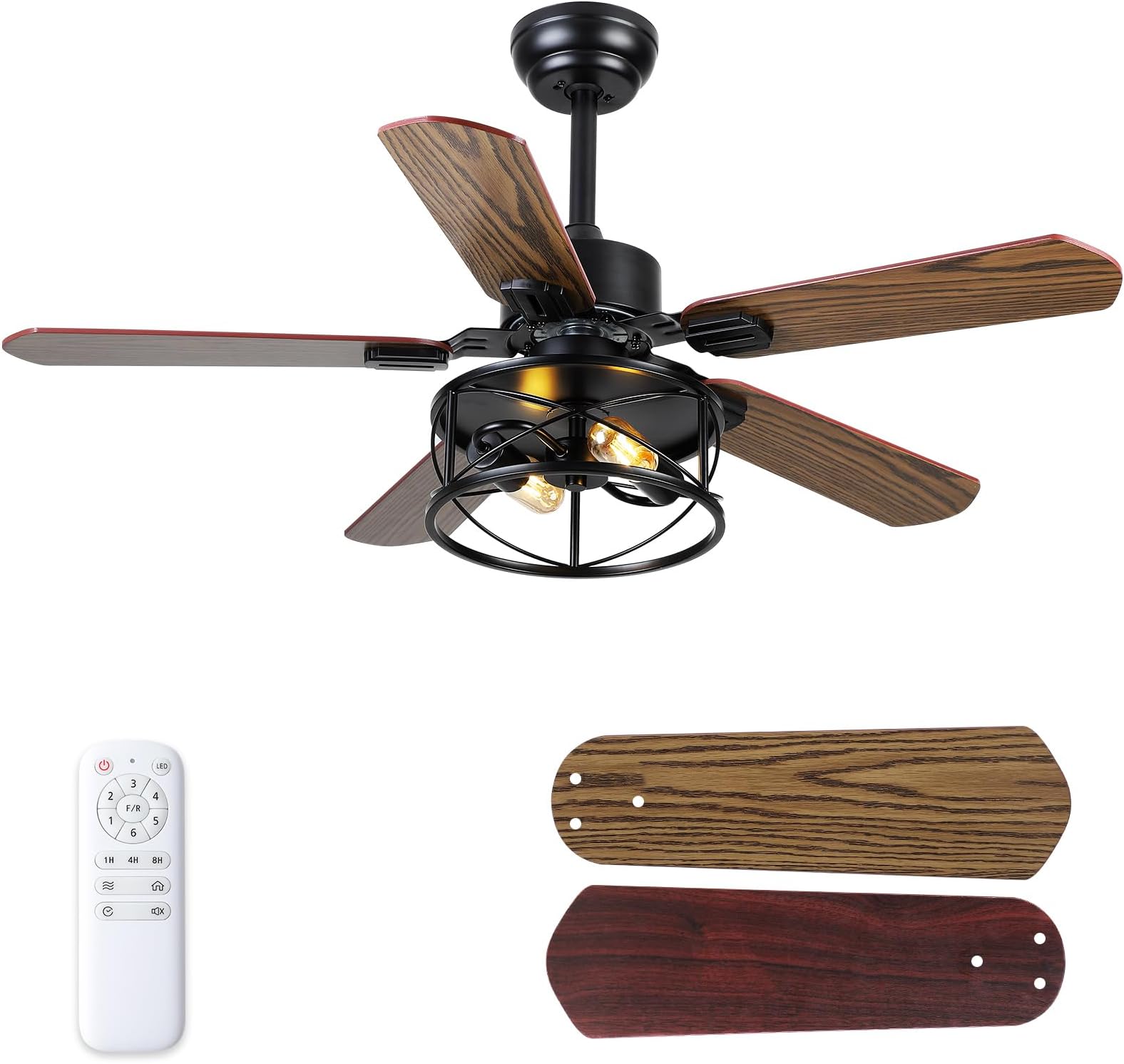 Dannilong Farmhouse Ceiling Fan with Light and Remote 42" Rustic Flush Mount Ceiling Fans 5 Dual Finish Blades Carnegie Industrial Fandelier for Living room Bedroom Patio E26