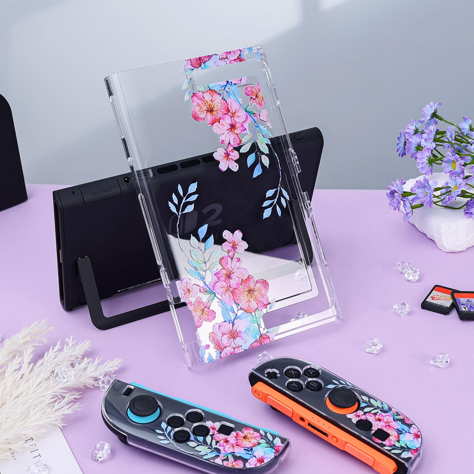DLseego Klare Hülle Kompatibel mit Switch 2,Anti-Kratzer Schutzhülle Schöne Bedruckte Blumen PC-Hartschale für Switch 2 mit 2 Weichen Joy-C Griffabdeckungen,Pfirsichblüte