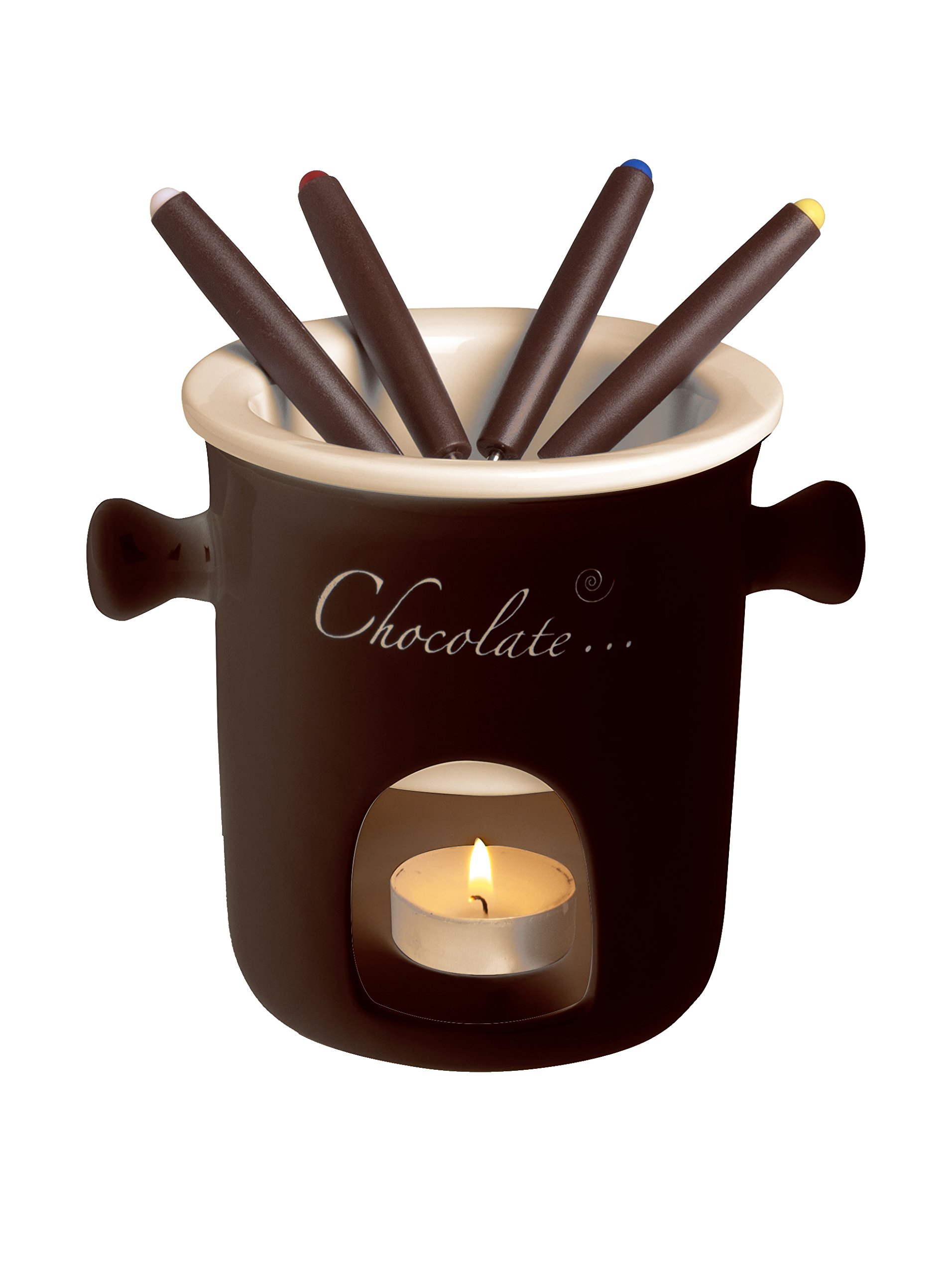 Excelsa Chocolate Fondue Set, 7 Pieces, Ceramic, Cream/Brown, Brown Handle, 12 x 12 x 13.5 cm