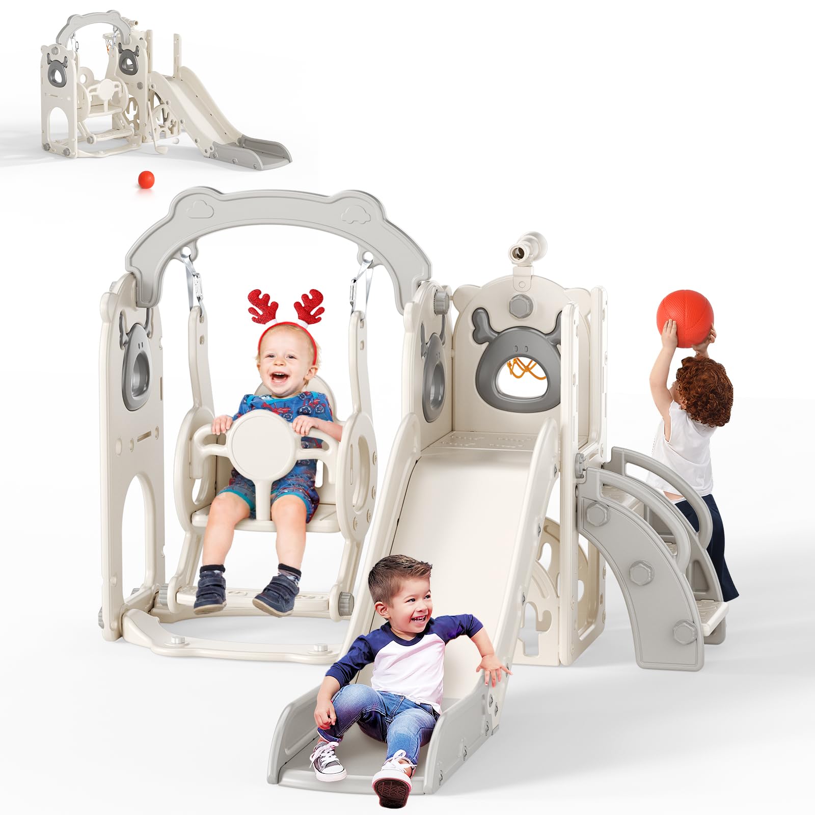 Kleinkindrutsche, Kinderspielhaus mit Basketballkorb, magnetischer Zeichentafel, für drinnen und draußen (Swing Beige-Grau)
