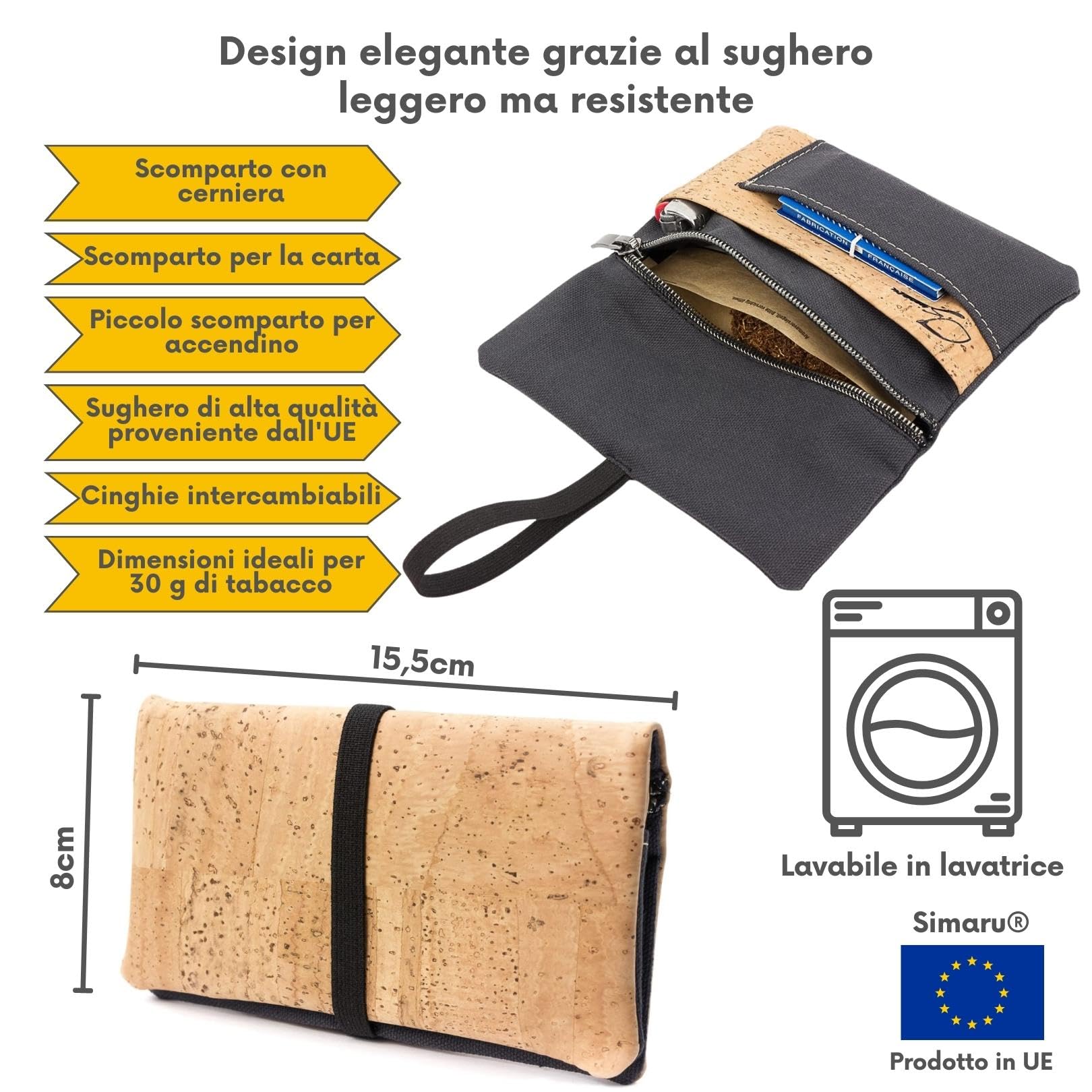 SIMARU Portatabacco Borsello in robusto sughero/cuoio di sughero e tessuto di cotone organico, disegnato in modo geniale e innovativo con vano per accendino, filtri e cartine (Antracite & Raizes)