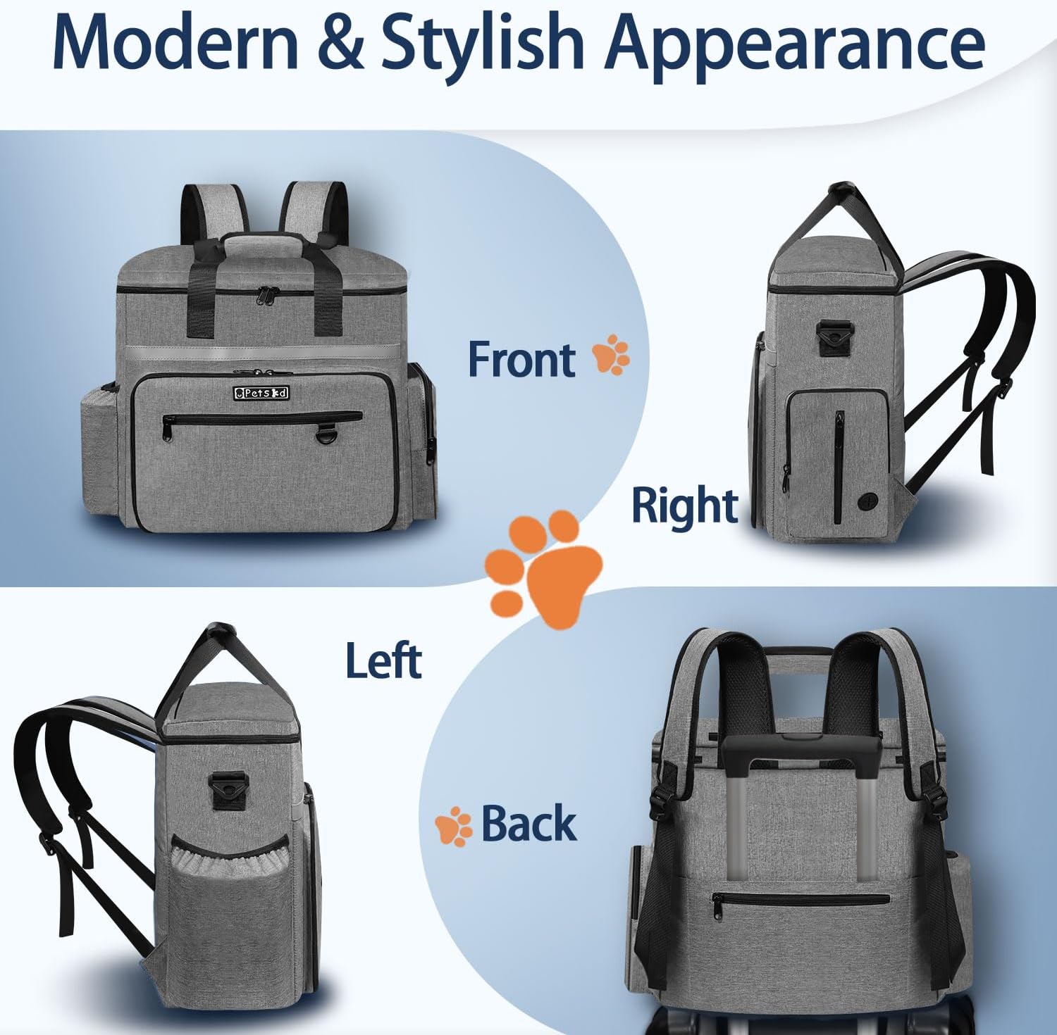Petskd Dog Travel Bag for Supplies, 27L Large Space Pet Organizer Backpack, Airline Approved Weekend Bag with Multi-Function Pockets for Overnight Camping with 2 Food Containers, 2 Bowls (Grey)
