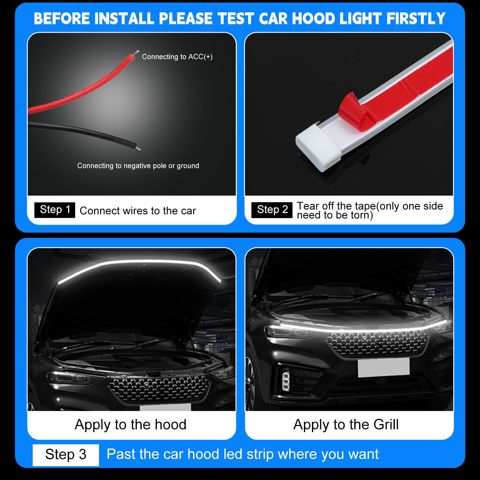 Bande Lumineuse LED Universelle pour Capot de Voiture, 180 cm, 12 V, Flexible, Étanche IP68, Feux de Jour, Balayage Dynamique, pour Voitures, Camions, SUV(Lumière Blanche)
