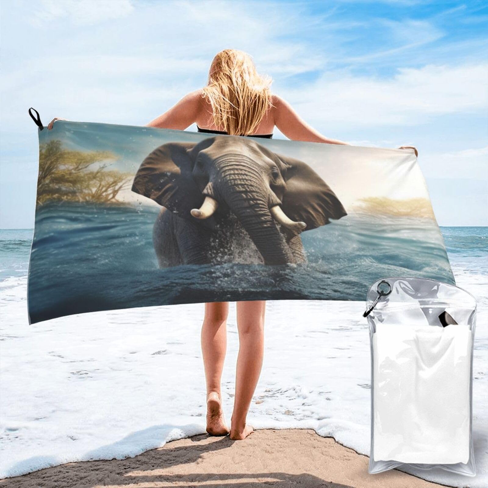 DWVTSLH Microfiber Sand Free Beach Towel 27.5"x55", Quick Dry Absorbent Travel Towel Large Camping Blanket, Swimming African Elephant Bath Towels Lightweight Pool Swim Towels for Vacation Essentials