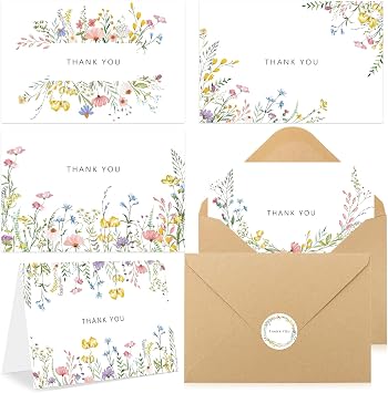 50 Packs Floral Thank You Cards with Envelopes & Stickers 4x6 In Wildflower Thank You Cards Adhesive Envelopes for Birthday Party Baby Showers Bridal Weddings Graduation Occasion