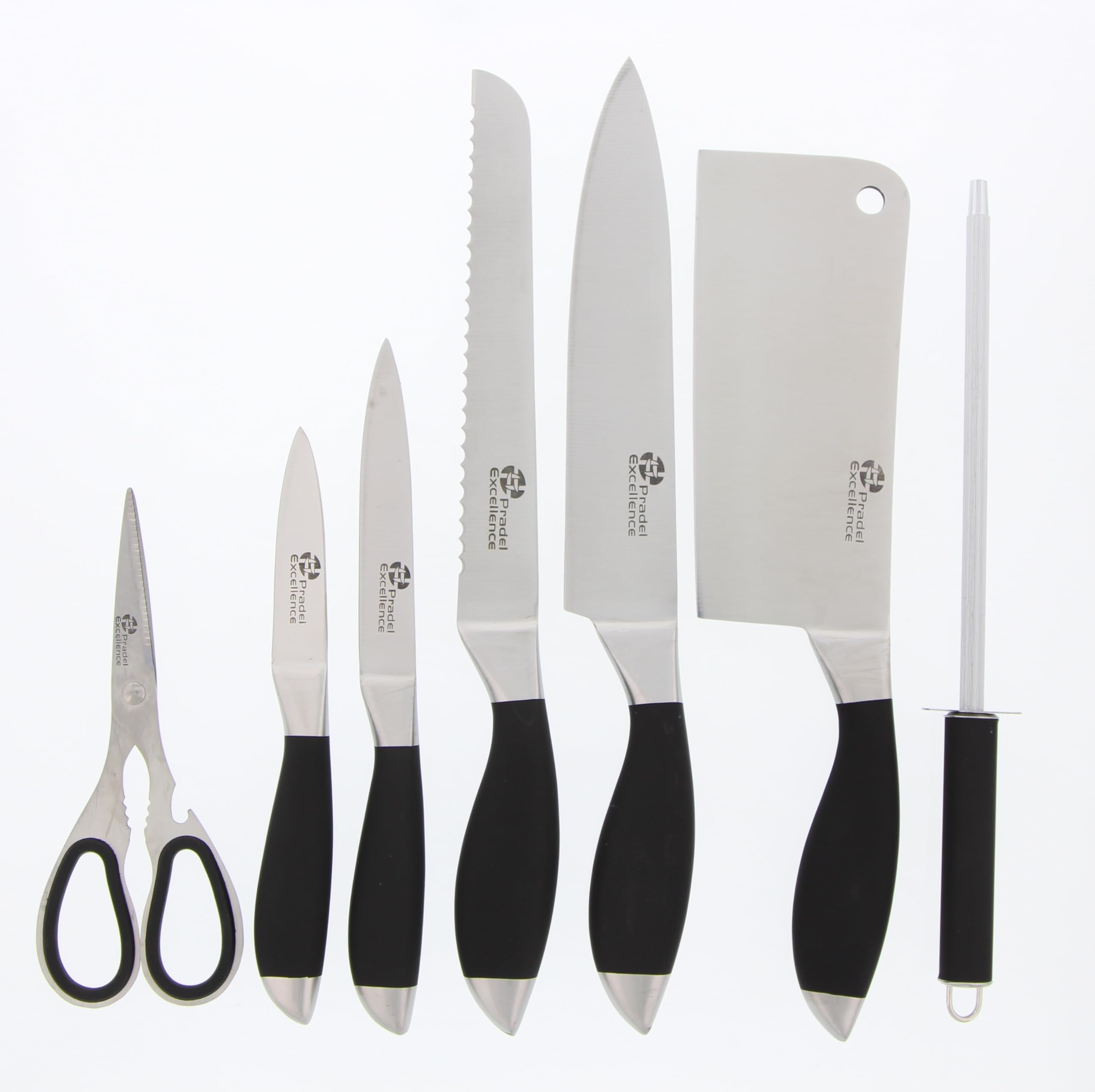 Pradel Excellence - PCOT001015 - Bloc Couteaux Inox Tournant Essentiels 7 Pièces - 5 Couteaux de Cuisine + 1 Paire de Ciseaux + 1 Fusil d'Affûtage - Lames Acier Inoxydable - Manches Soft-Touch