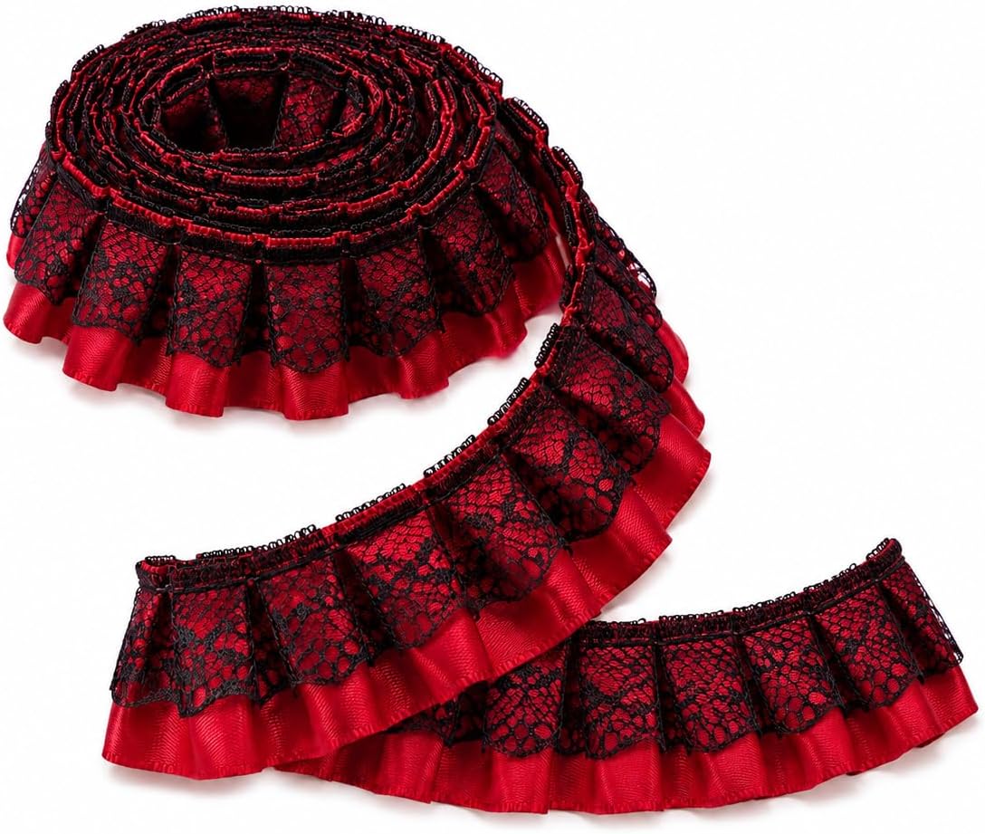 AIETSYEI Red Lace Ruffle Trim 1'' x 5 Yds Satin Sewing Ribbon